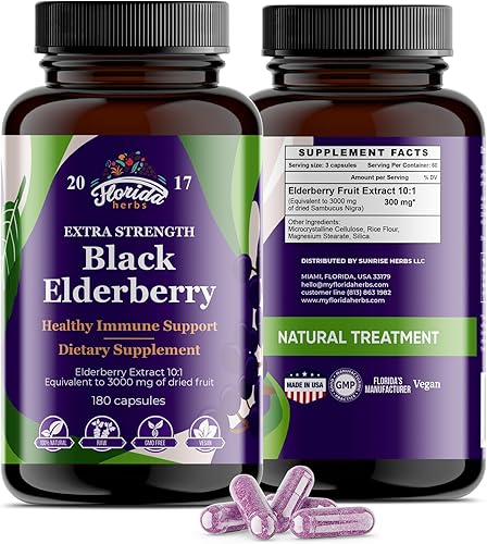 FLORIDA HERBS Cápsulas de saúco negro, 100 unidades, vitaminas de saúco Sambucus sin OMG, sin gluten, extracto de saúco orgánico Sambucus Nigra