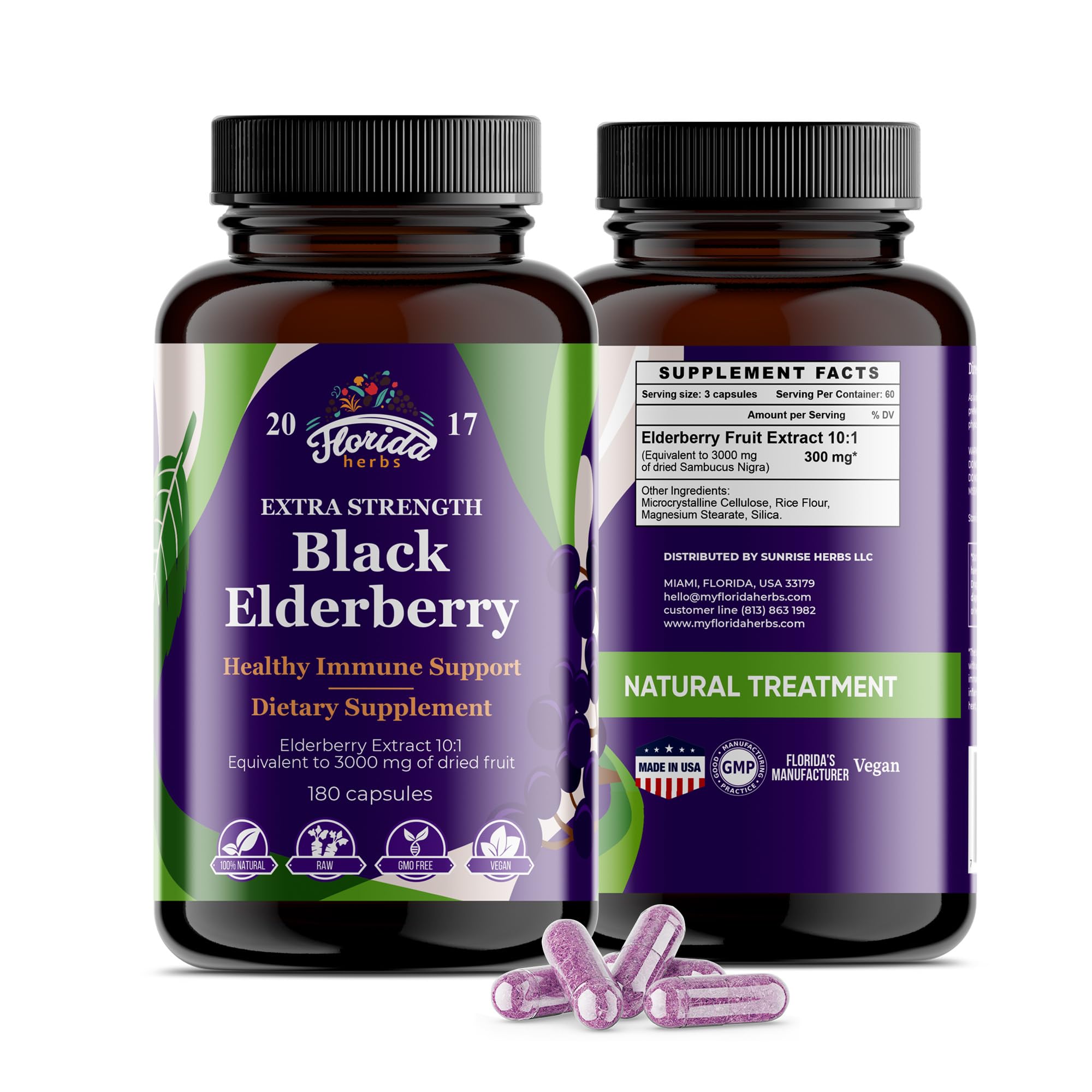 FLORIDA HERBS Black Elderberry Capsules | 180 Count | Sambucus Elderberry Vitamins, Non-GMO, Gluten Free, Organic Elderberry Extract Sambucus Nigra