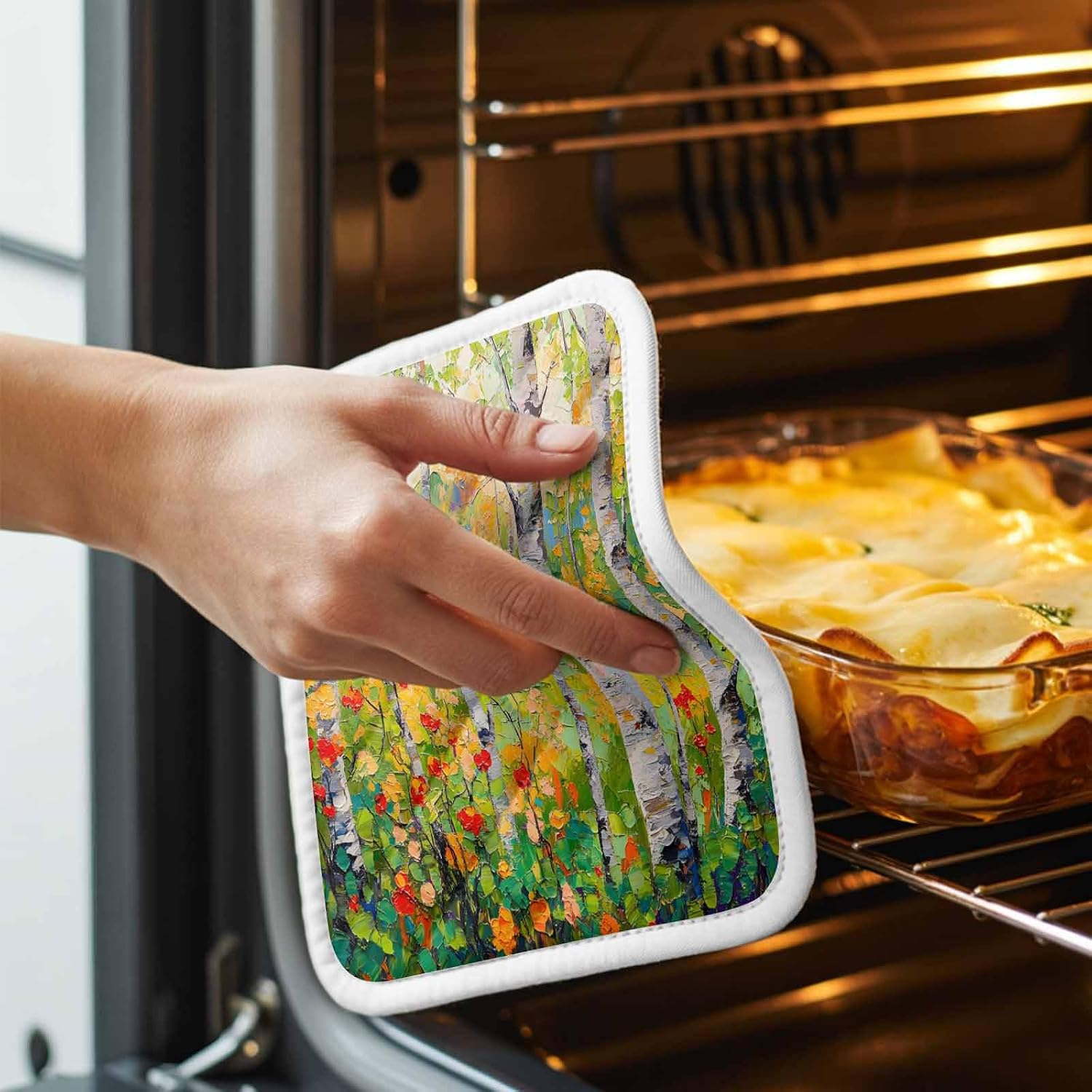 5 Pack Pot Holders for Kitchen, Green Oil Painting Hot Pads for Kitchen Countertops Oven Pot Holder Bulk, Modern Abstract Art Summer Botanical Heat Insulation Potholders with Hanging Loops