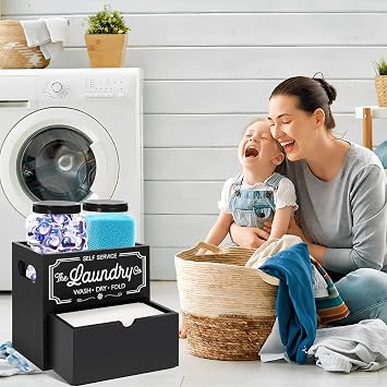 Laundry Pods Storage Container, Washing Tablet Storage with 2 Plastic Laundry Organiser Storage Jars, Laundry Detergent Storage 2 Tier Dryer Sheet Holder for Laundry Room Organisation (Black)