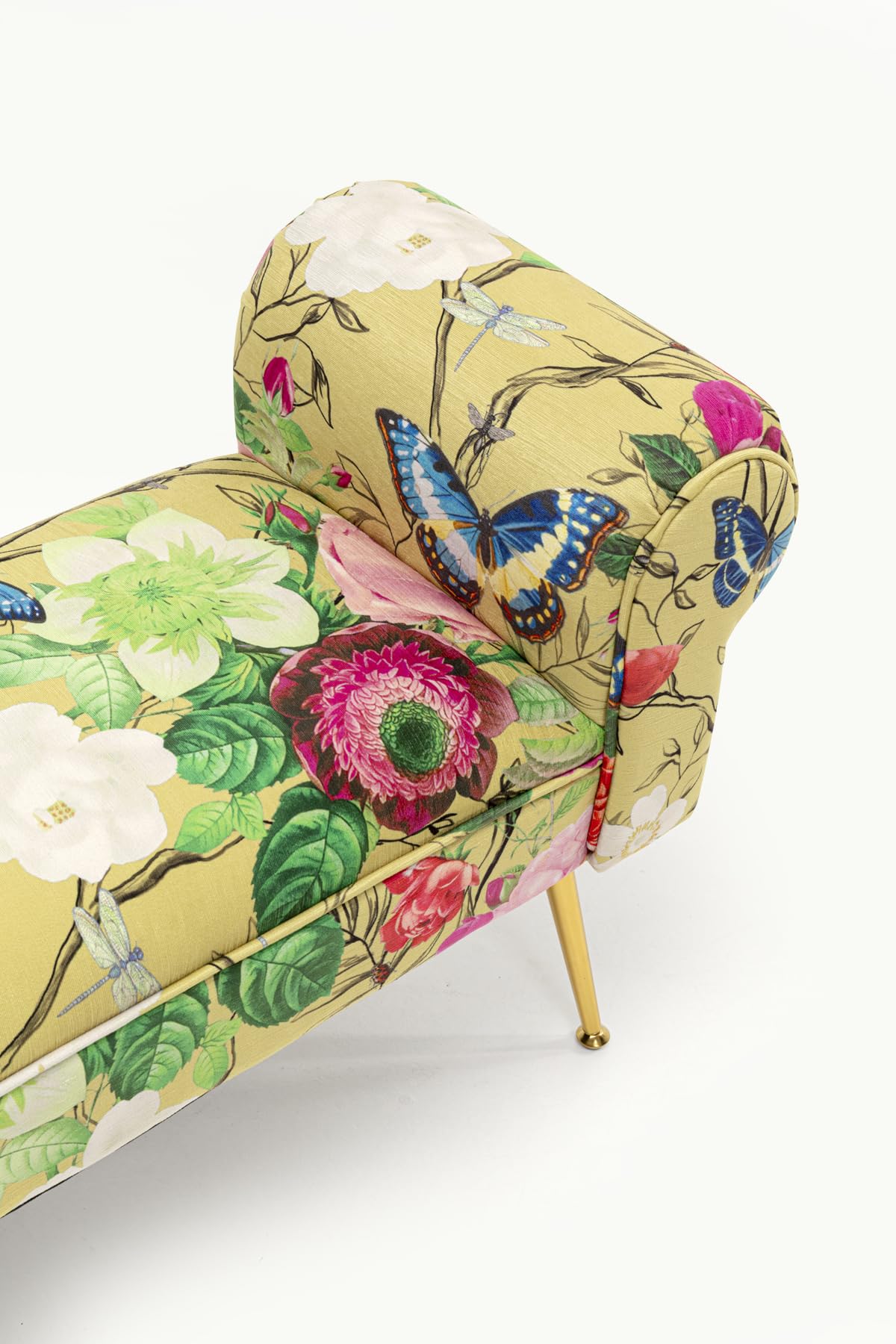 Kare Design Panca Wing Flower Fever, giallo, 54x100x35 cm, panca imbottita con gambe finitura ottone, motivo floreale, panca stretta per ingresso, legno massello di pino, Flower-Fever, soggiorno