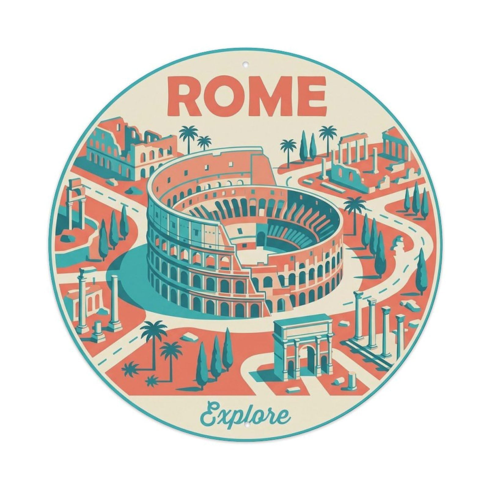 Classic Italian City Colosseum Explore Scenic Landmark Metal Tin Sign Plaque Wall Decor for Cafe, Man Cave, Club Bar, Office, Home Garden Round Metal Poster 8x8Inch