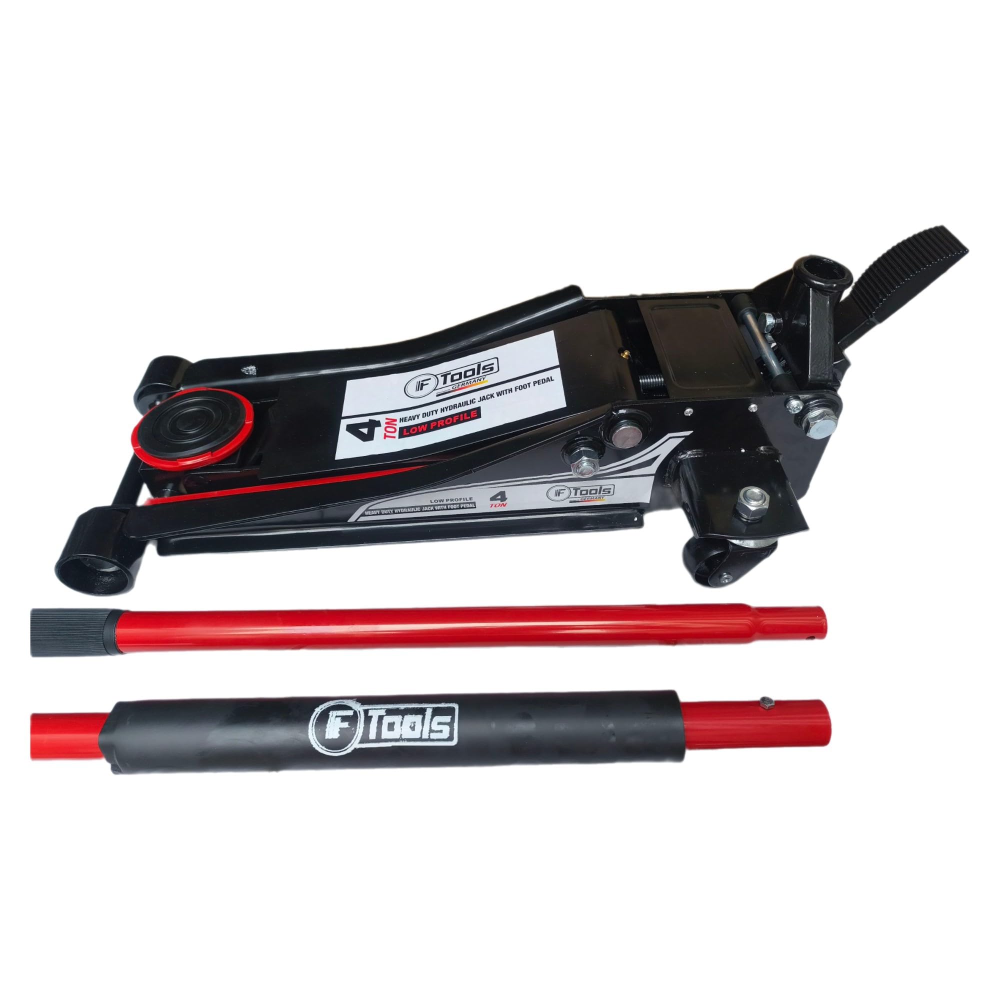 Cric hydraulique 4T à double piston avec pédale – Extra plat 75–500 mm – Levée rapide et roues à 360° – Auto, SUV et fourgon – Cric de manœuvre professionnel pour atelier