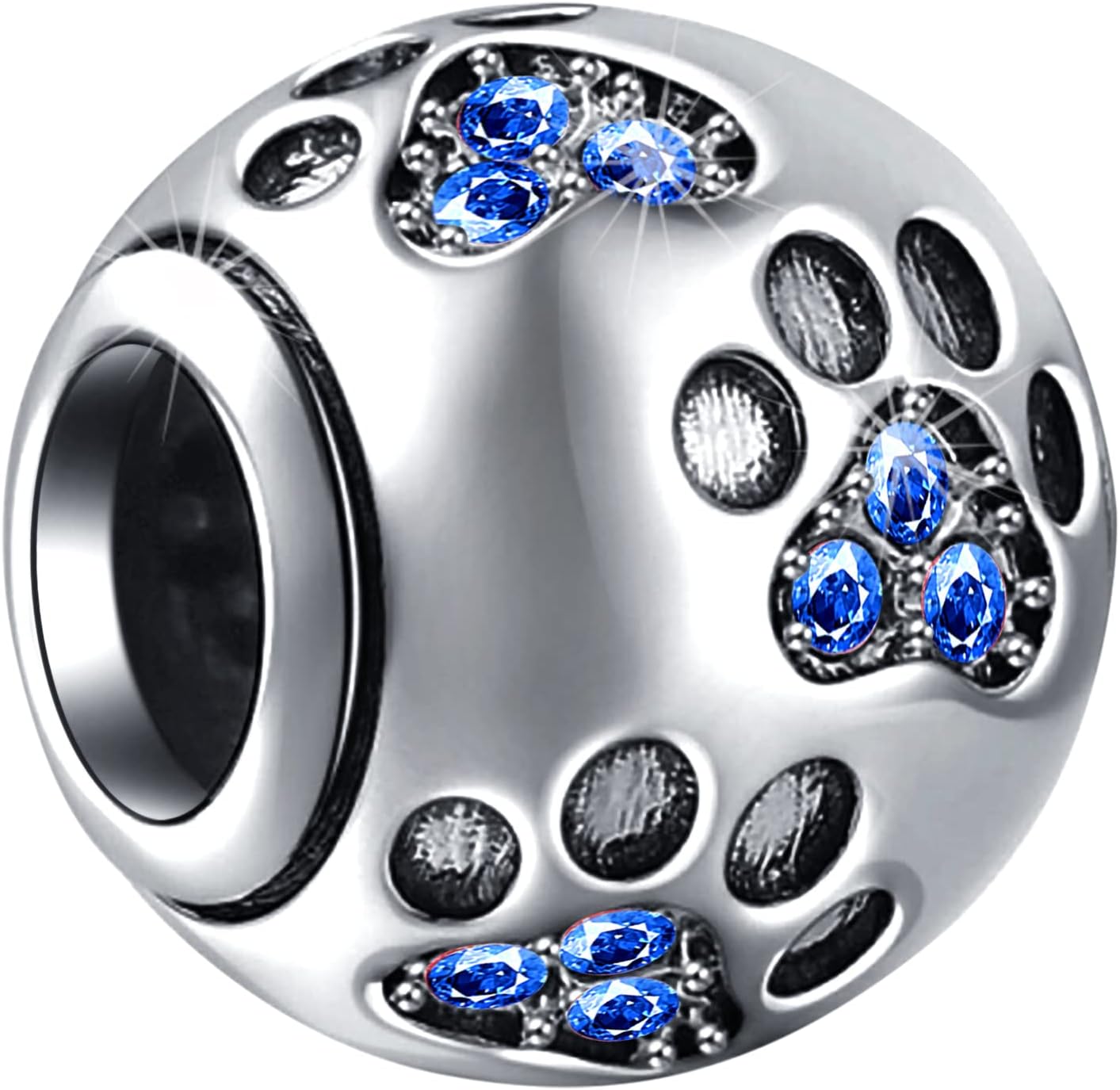 EMOSTAR Dog Paw Print Charms with Various Birthstone Crystals, 925 Sterling Silver Pawprint Beads for 3mm Snake Chain, Pet Lover Gifts for European Women Bracelet