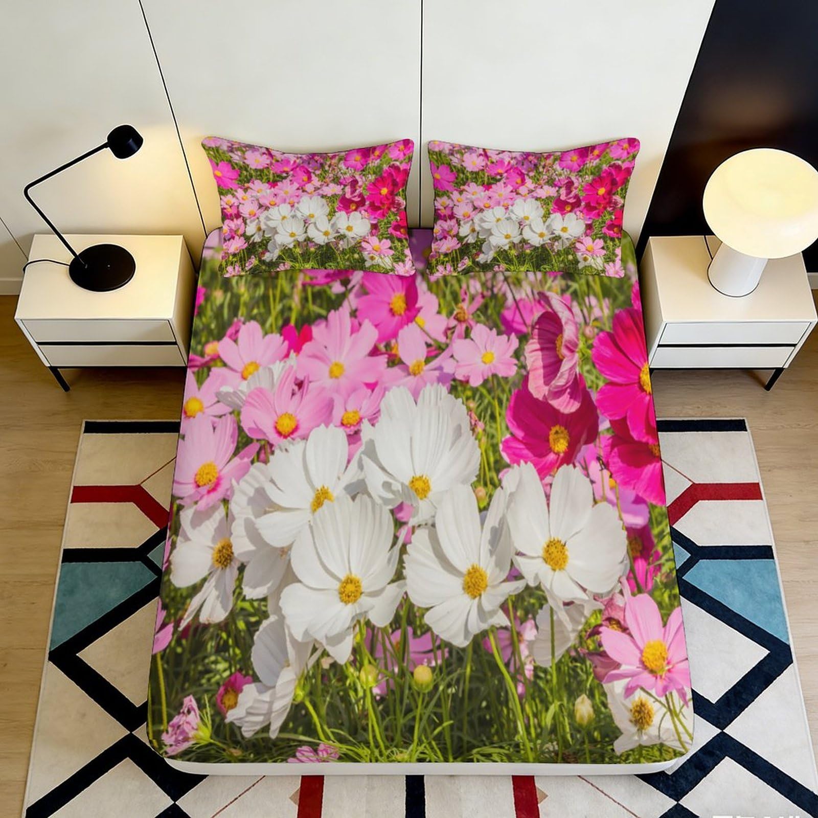 3D Printed Pink Flower Field Fitted Sheet Microfiber Soft White Blossom Bed Cover for Bedroom Dorm Mattress Decor 118 140x200x25cm