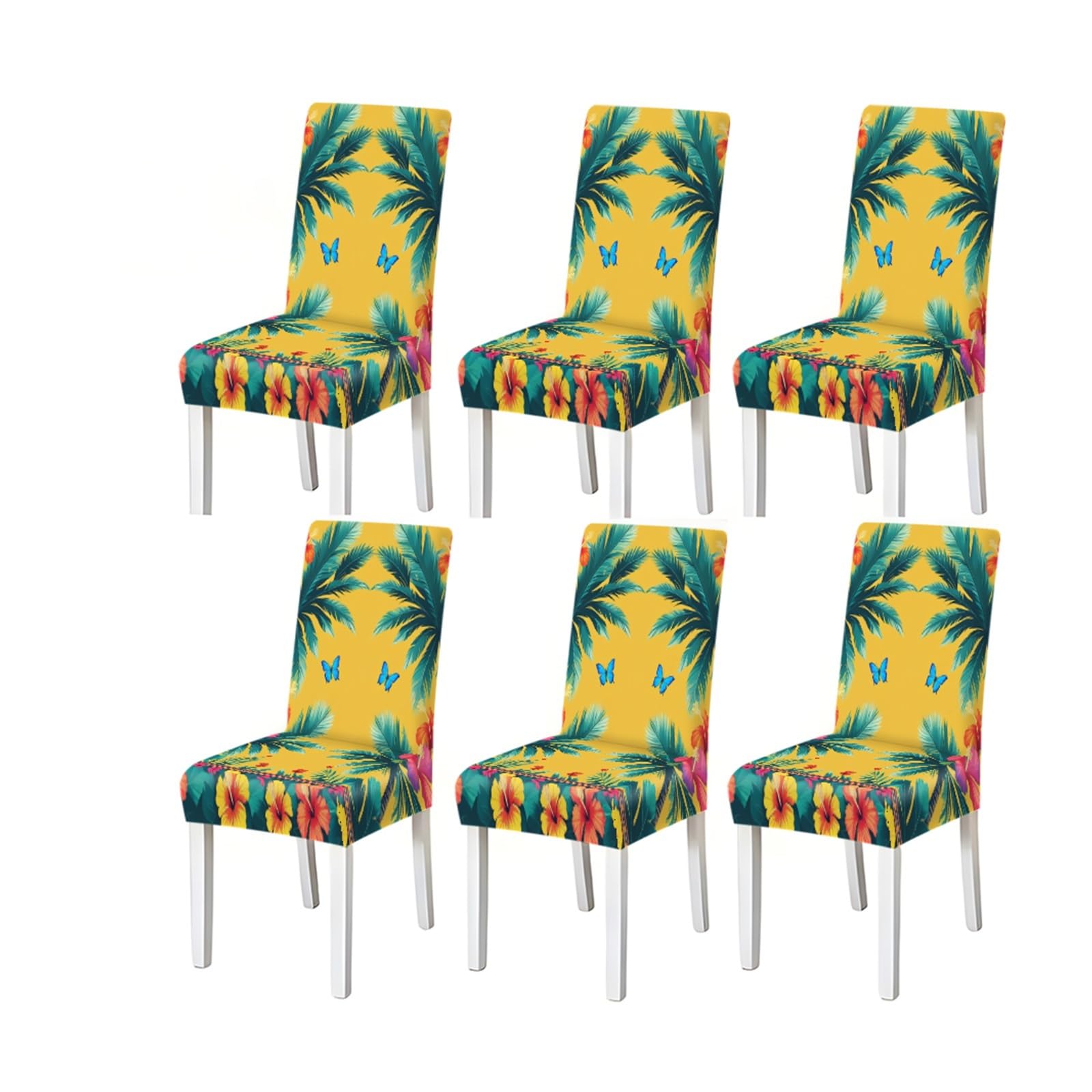 FZJKGH Tropical Yellow Palm Leaf Dining Chair Covers Set Of 2/4/6, Stretch Hibiscus Floral Chair Slipcovers For Kitchen Dining Room Removable Stretch Slipcovers for Dining Chairs(6PCSChair cover)