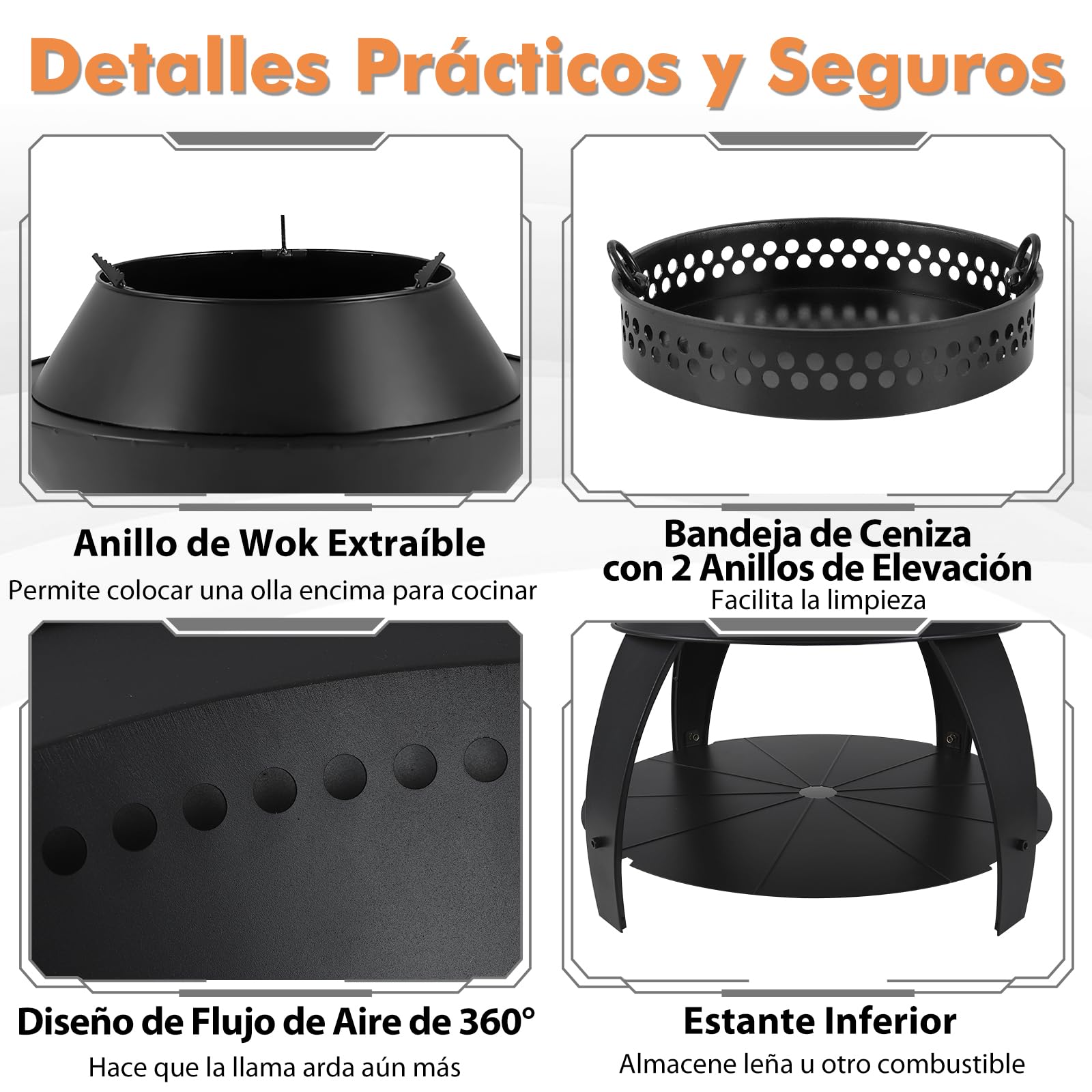 GOPLUS Brasero Sin Humo De 50 Cm, Brasero De Pellets De Leña con Cenicero Y Anillo De Wok Extraíble, Brasero Exterior 3 En 1 con Segunda Combustión para Acampar, Barbacoa, Hoguera En El Patio Trasero