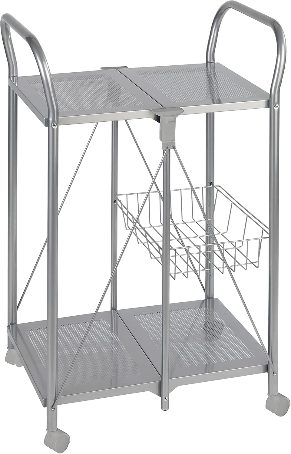 WENKO Organizer Sunny, Foldable Utility Powder-Coated Metal, Rolling Kitchen Cart, 22.24 x 35.62 x 17.32 inch, Silver Matt - Kitchen Islands & Carts