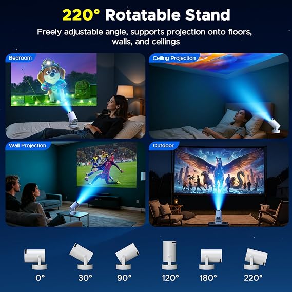 Mini Projector with WiFi and Bluetooth, Built-in Rechargeable Battery Support 4K Auto Keystone 220 Rotation, Outdoor Movie Smart Projector for Bedroom/Home Cinema Compatible w Phone/TV Stick/HDMI/USB
