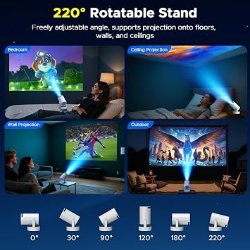 Mini Projector with WiFi and Bluetooth, Built-in Rechargeable Battery Support 4K Auto Keystone 220 Rotation, Outdoor Movie Smart Projector for Bedroom/Home Cinema Compatible w Phone/TV Stick/HDMI/USB