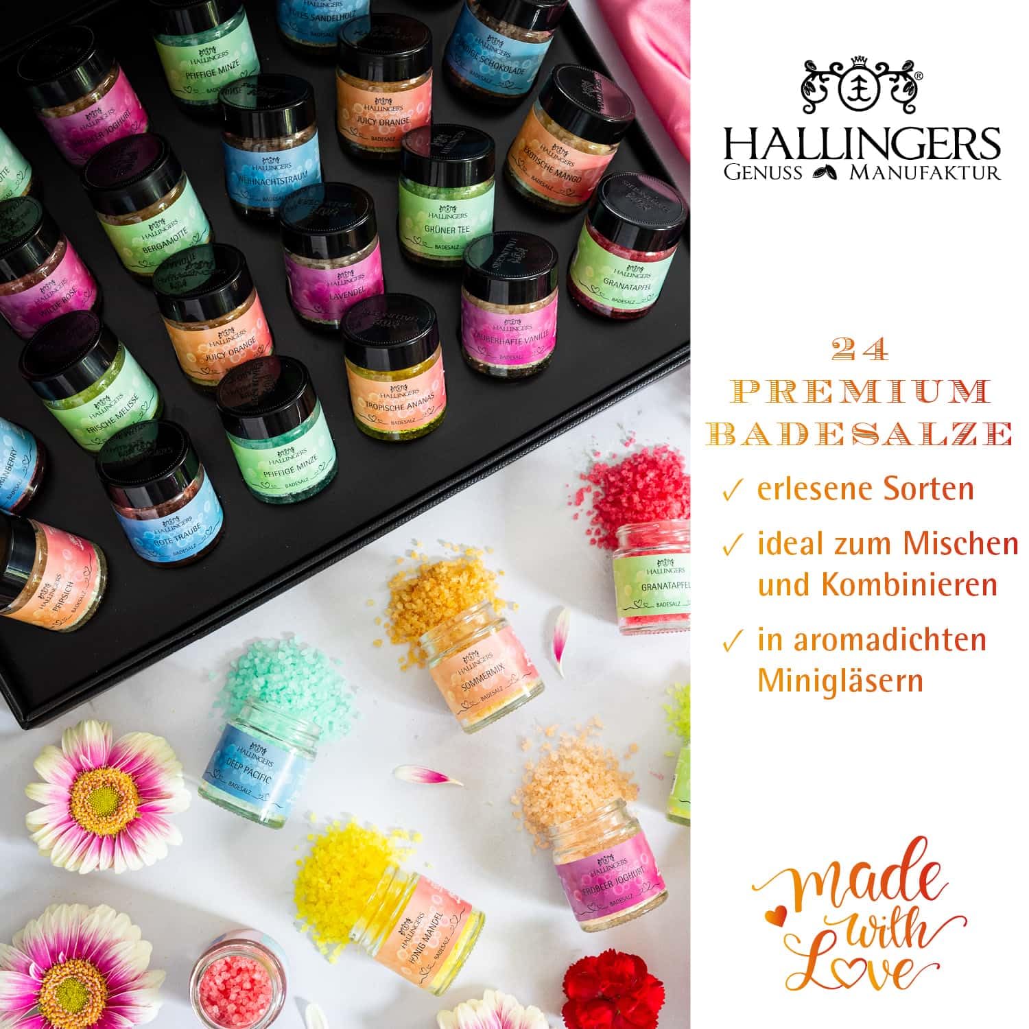 Hallingers Genuss Manufaktur Badesalze Muttertagsgeschenk-Set - 24x Badezusatz mit Totes Meer Badesalz Geschenkbox, Badekristalle Fußbad & Spa ""Für Mama"", Geschenkidee für Mama Oma