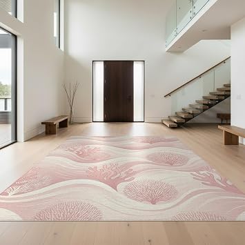 Design&I 5x7 Easy Clean Modern Wave Accent Rug, Pink for Small Living Room, Playroom, Bedroom, Sleek Flatweave Pet Friendly & Non-Slip Built-in Grip Floor Covering | 1906027