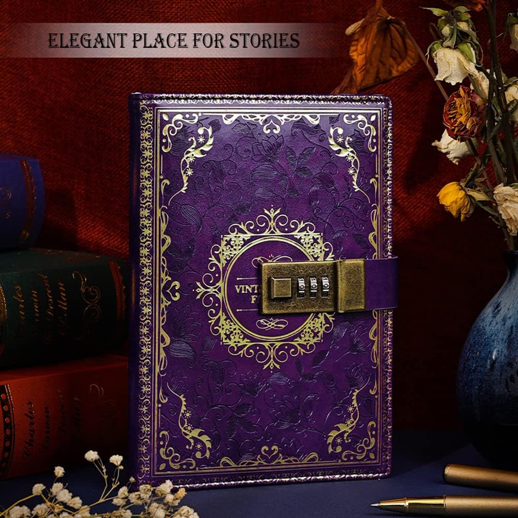 Mazeran Combination Lock Journal, Vintage Elegant Leather Hard Cover Floral Embossed Notebook Diary, 256 Pages Lined Golden Gilded Password Locking Personal Planner, Gift for Women Girls (Boxed) - Image 8