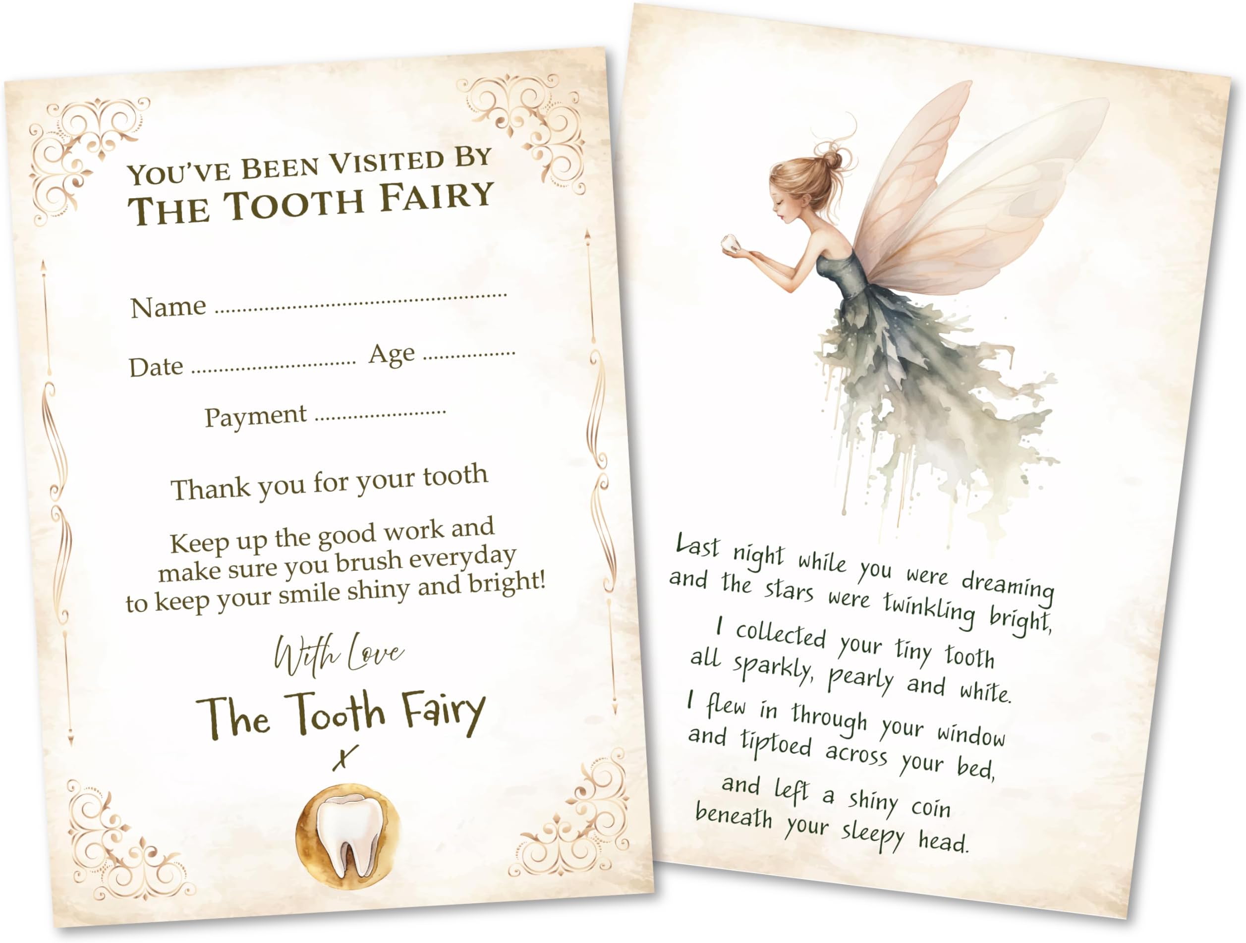 Pack of 10 - Tooth Fairy Certificates - A6 Size Rustic Watercolour Fairy Letters - Double Sided 350gsm Matte Card