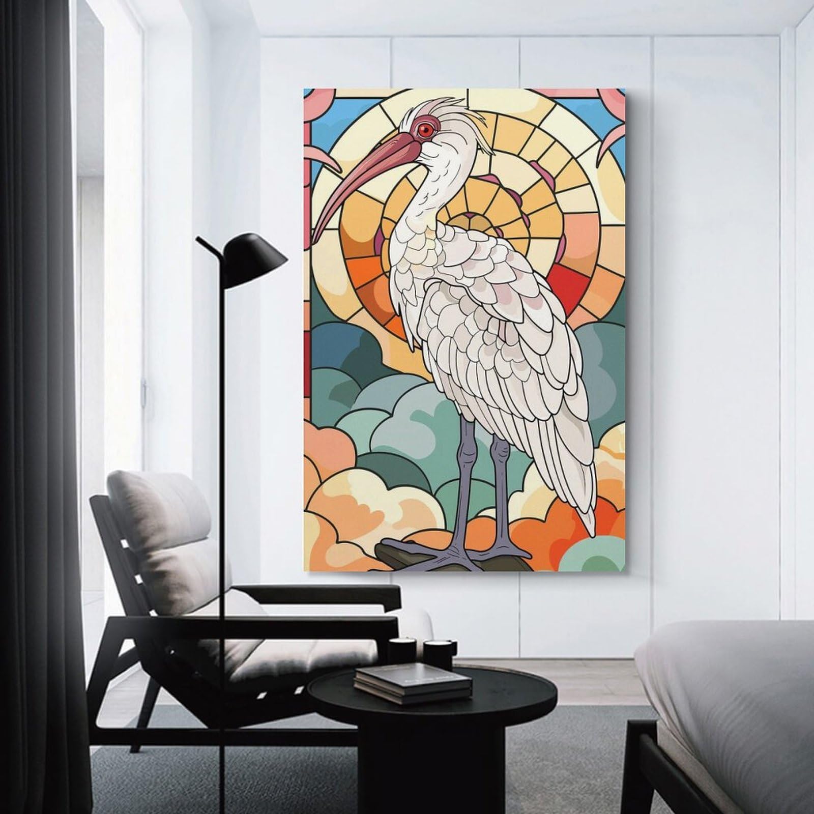 Junmoney Stained Glass Ibis with Sun And Clouds Canvas Wall Decor, 24x36inch(60x90cm), for Apartment Walls, Studios Or Work Areas, Decorative Canvas Decor for Home Updates