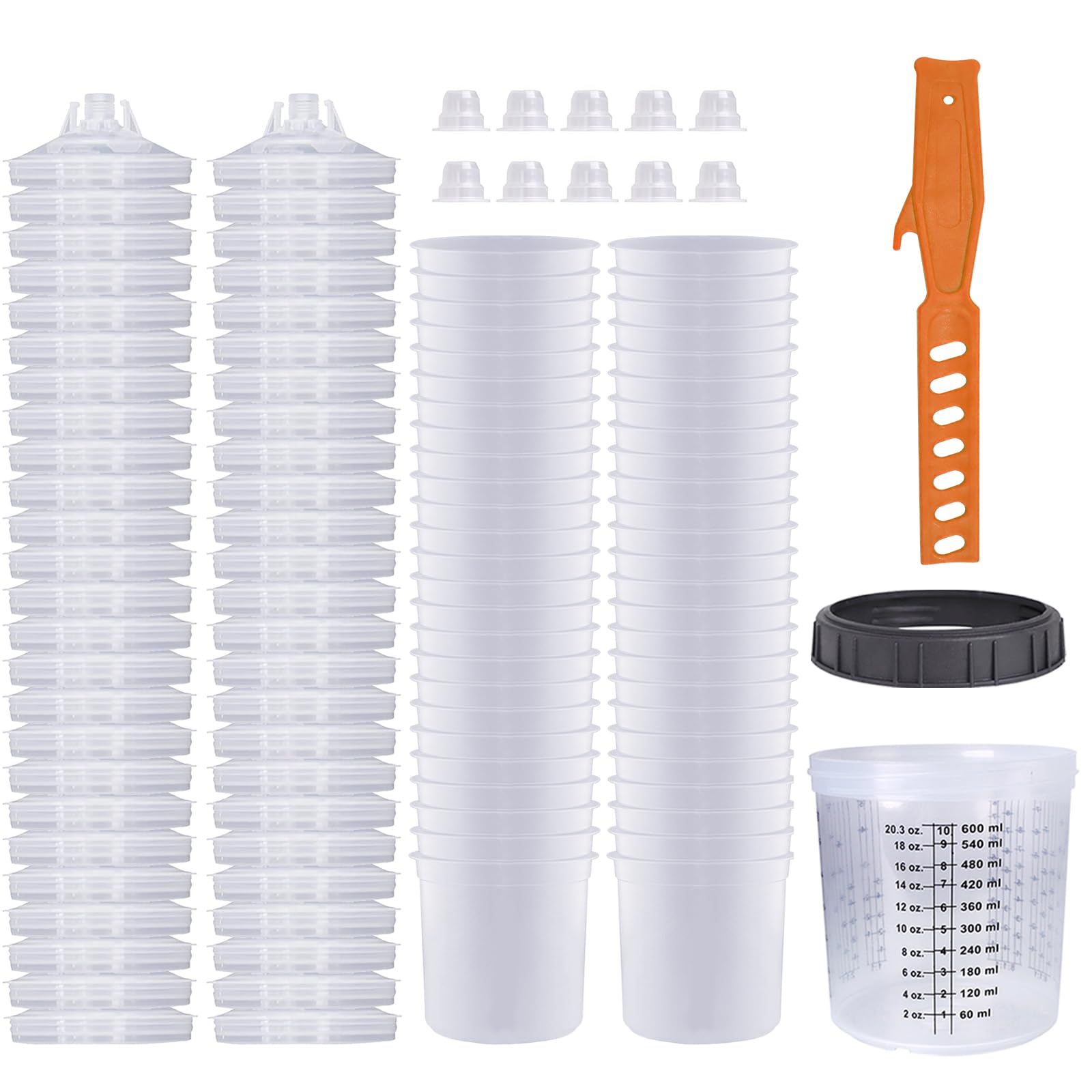 Einweg Farbmischbecher 20 Unzen (600ml) Set, Farbspritzpistole Mischbecher, für HVLP und LVLP Farbspritzpistolen mit 10/30/50 Bechern und Deckeln, 1 Hartbecher mit Haltering