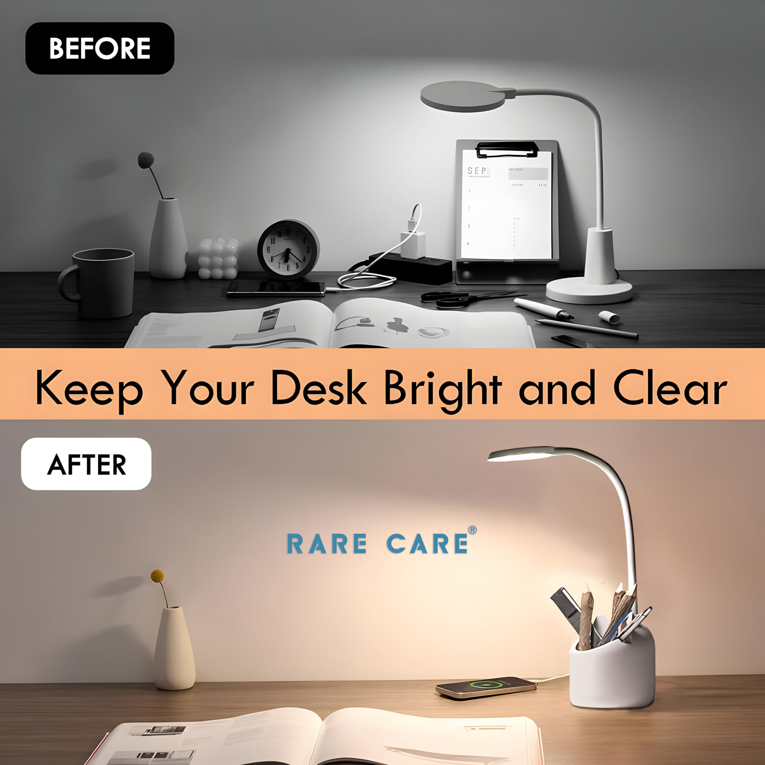 RARECARE Table Lamp for Study Room | Study Lamp with 3 Light Modes | 1 Year Warranty | Lamp Light for Study | Rechargeable Led Light with Big Battery - 1200 mAh - Image 4 thumbnail