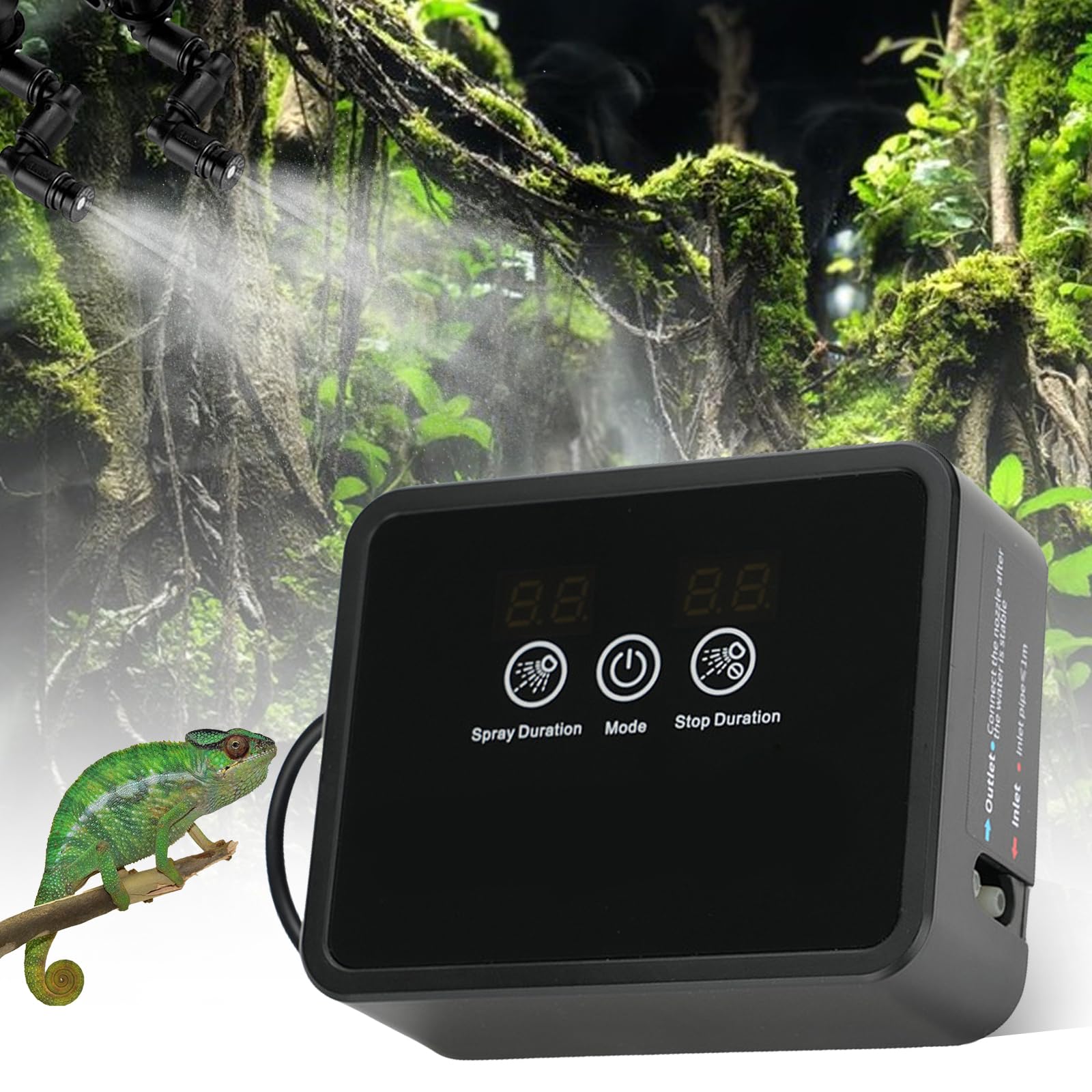 Humidificador de aire para reptiles, sistema de aspersión inteligente de terrario, sistema inteligente de reptiles, atomizador automático con temporizador y boquillas de pulverización ajustables para