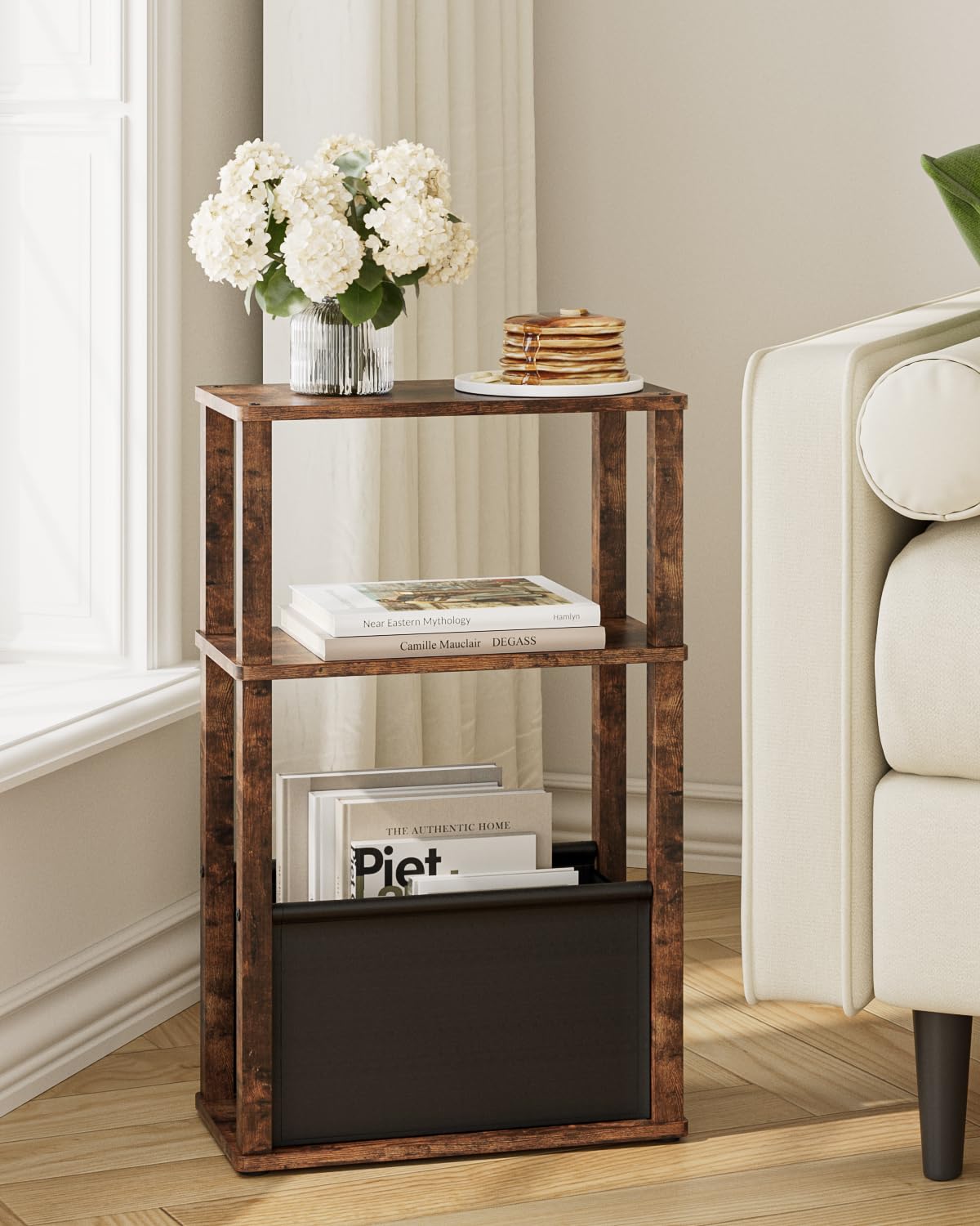 Table d'appoint étroite avec espace de rangement, table d'appoint étroite avec poche, table de chevet étroite à 3 niveaux, petite table basse pour petits espaces, chambre à coucher, salon