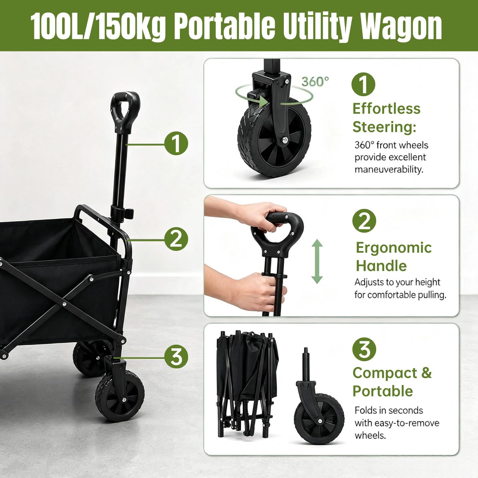 Carro plegable de 100 litros, para uso al aire libre, con asa ajustable para compras, camping y excursiones en la playa, 130 kg de carga, tela Oxford 600D (negro grueso)