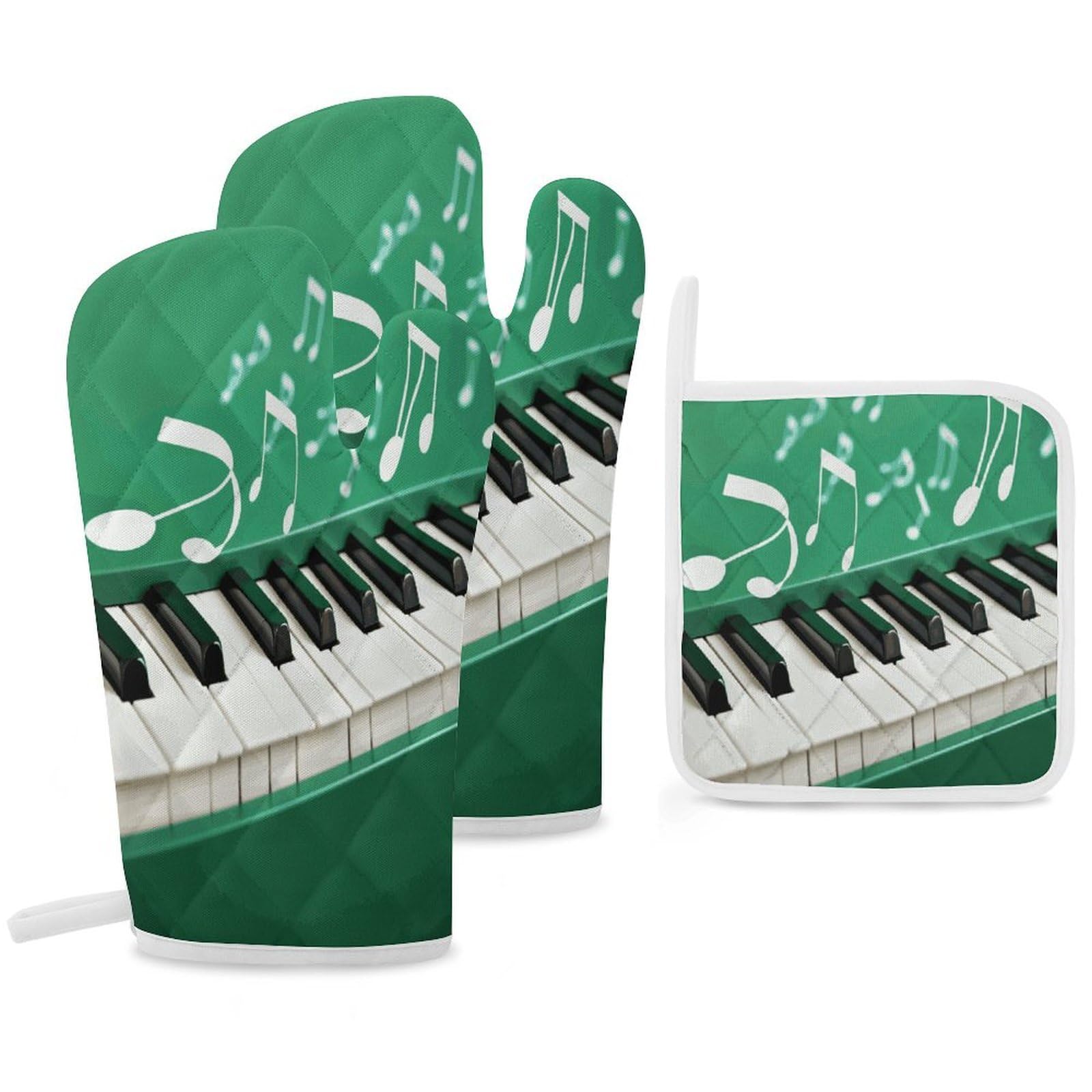 Fekiloot Style Green And White Piano Keys Oven Mitts Funny Heat Resistant,Oven Glove With Hanging Loop,Resistant Hot Pads For Kitchen Baking Grilling Cooking