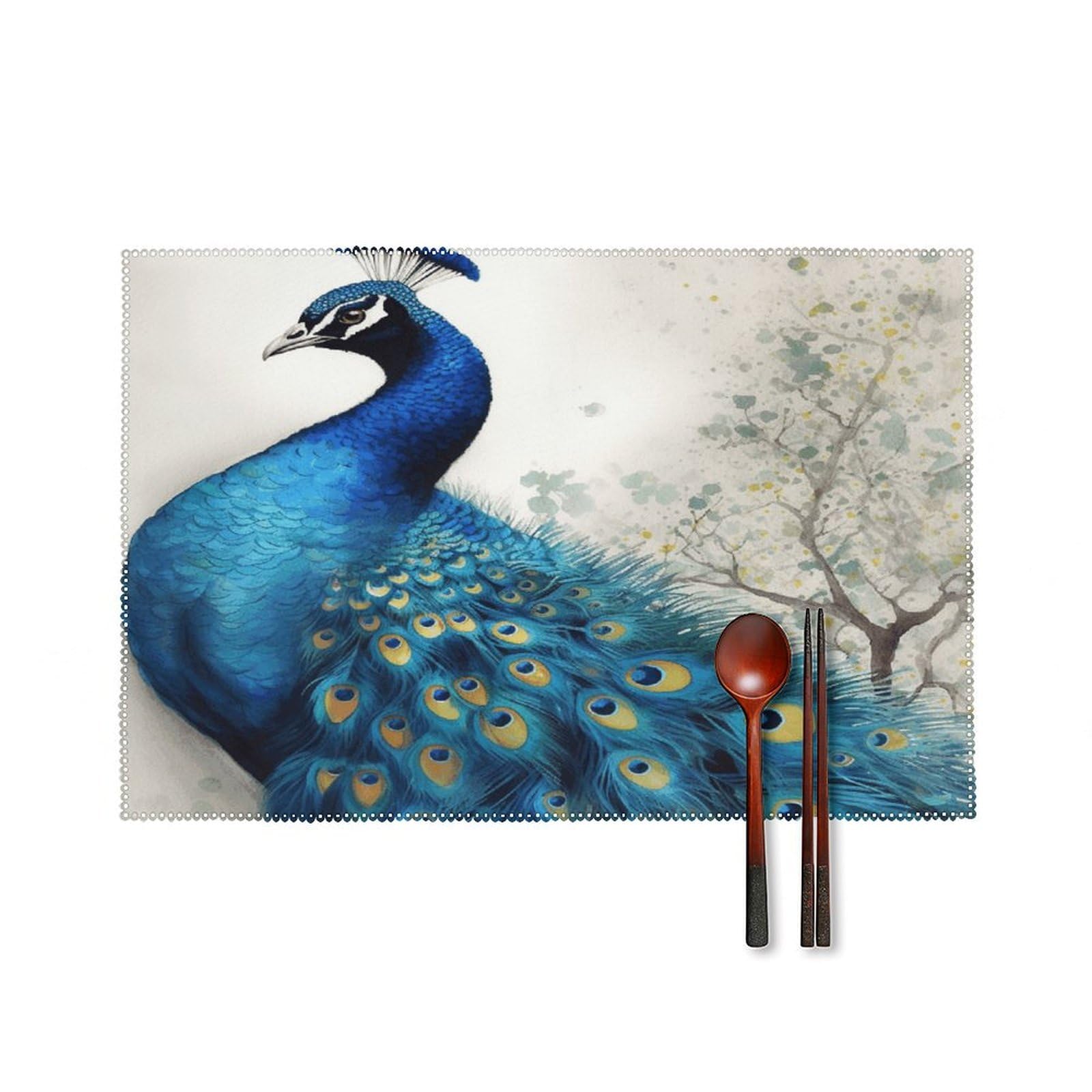 Blue Peacock Placemats Set of 4 Canvas Washable Cloth Place Mats Wipeable Heat Resistant Table Mats Elegant Cloth Placemat for Kitchen Dinning Party Table Decor 12" X 18"