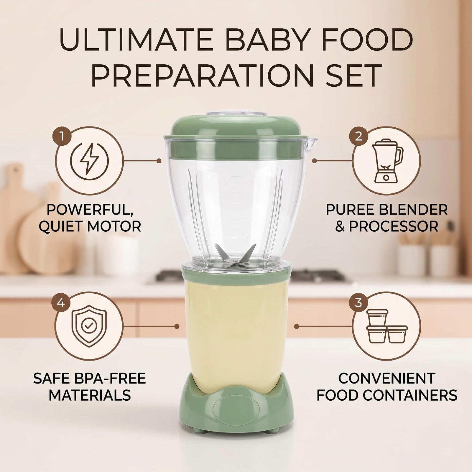 Ensemble de Préparation de Nourriture pour bébé, Mélangeur de Purée Multifonctionnel 10000 Tr/min, Robot Culinaire avec Récipients pour Fruits, Légumes et Viandes (Prise UE 220V)