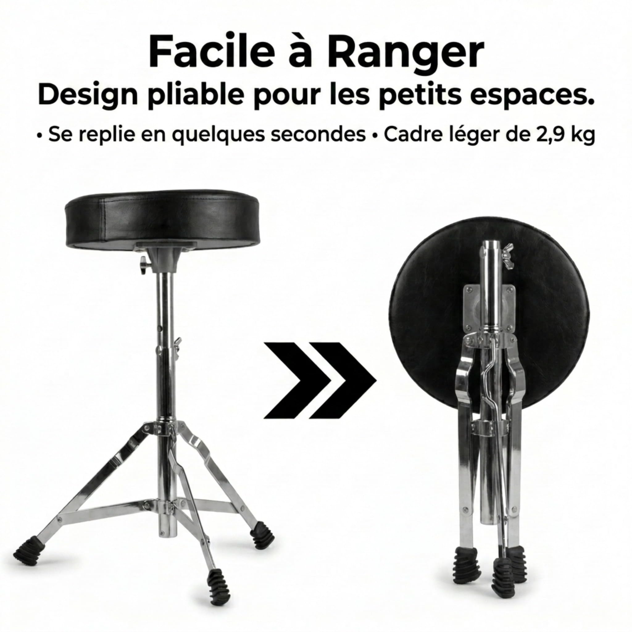 RockJam Tabouret de Batterie Réglable Pivotant Rembourré, Noir | Siège de batteur réglable 45-55 cm, assise pivotante rembourrée 28 cm, pliant, pour batteries acoustiques et électroniques