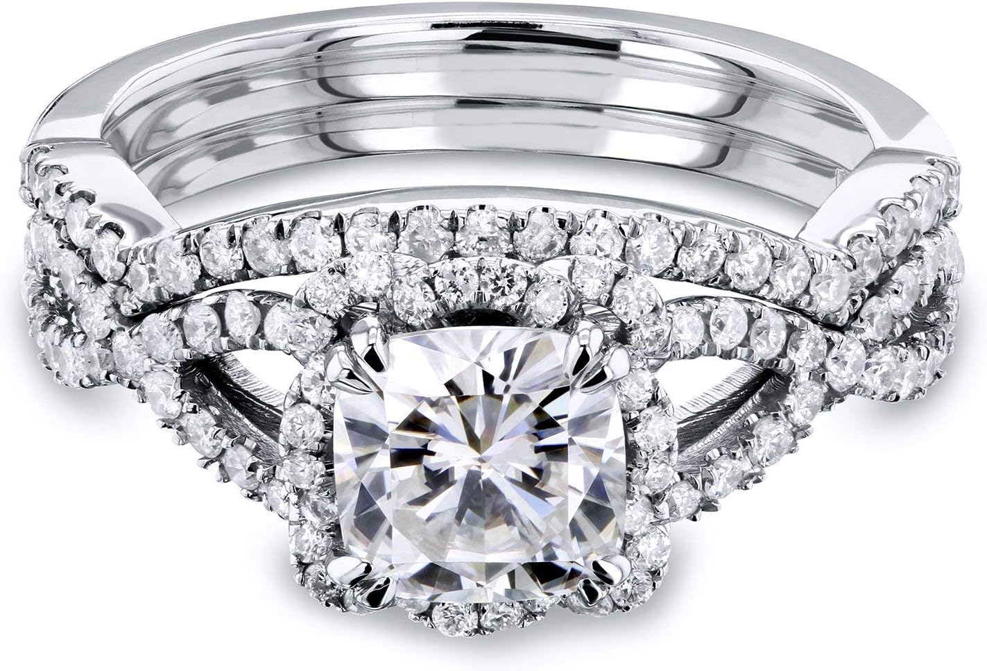 Kobelli Cushion Moissanite Fancy Halo Cross Shank Bridal Set, 1-1/2 CTW 14k Gold