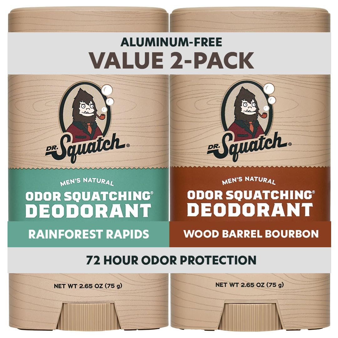 Dr. Squatch Natural Men’s Deodorant – Aluminum Free Natural Deodorant Men with Charcoal & Postbiotics for 72-Hour Odor Protection – Rainforest Rapids + Wood Barrel Bourbon, 2.65oz Stick (2-Pack)