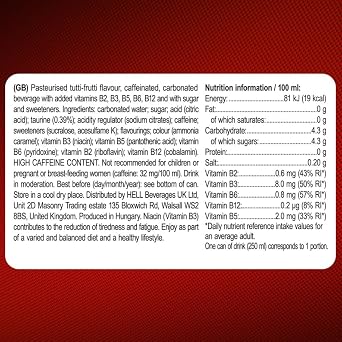 HELL Energy Drink Apple Flavor 24 x 250 ml doses Multipack 32 mg/100 ml caffeine contains vitamins B2 B3 B5 B6 B12 preservative-free vegan reduces fatigue and increases energy