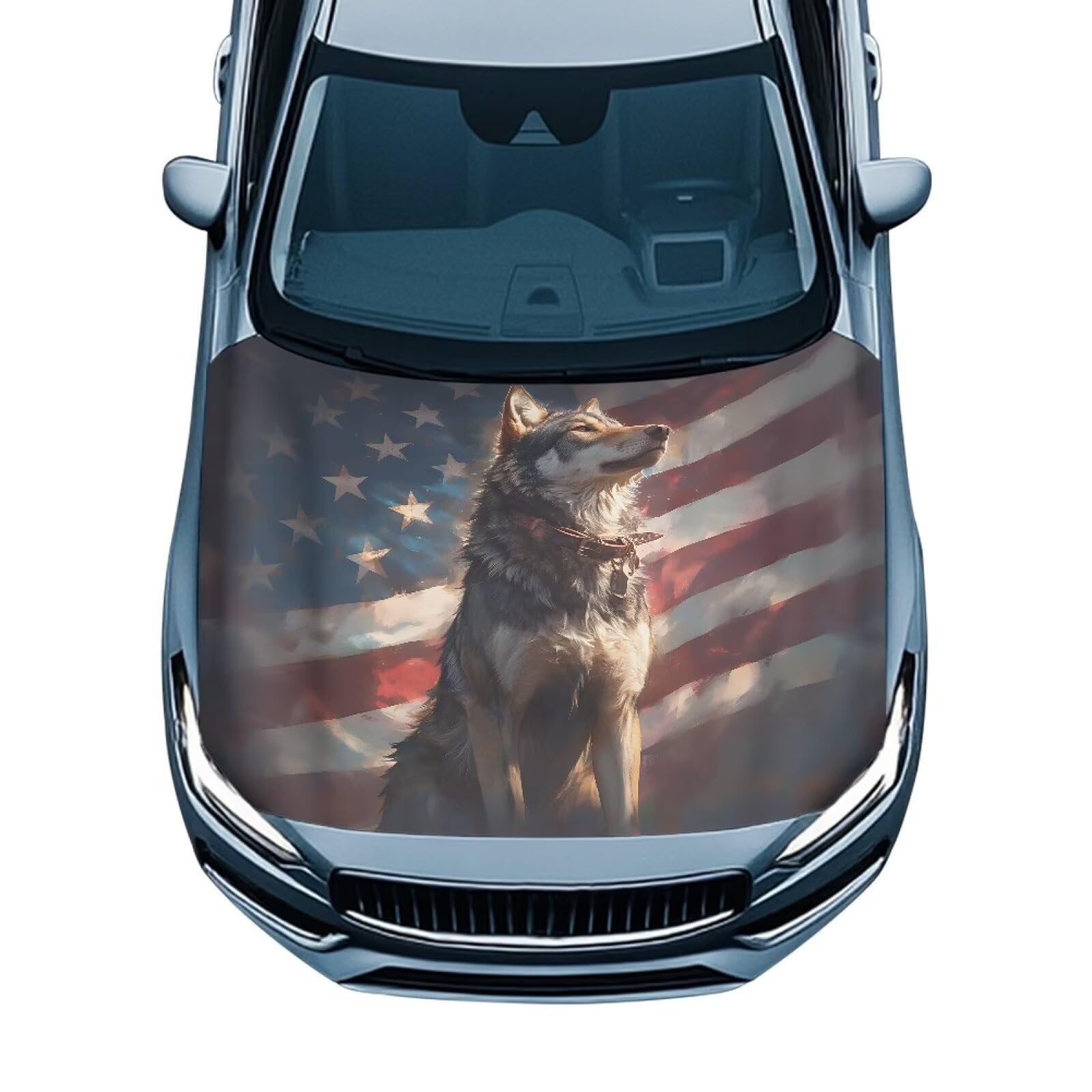 American Flag Wolf Car Hood Cover All Weather Automotive Exterior Accessories Universal Fit Hood Covers for Cars, Trucks, SUV, or Van Full Coverage with Elastic Band