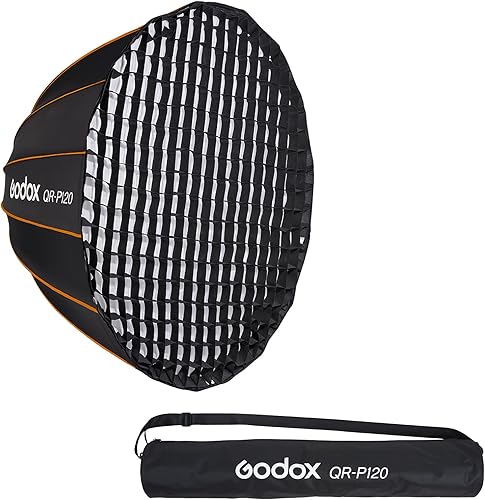 Godox QR-P120 - Caja de luz parabólica portátil de 47.2in de instalación rápida y rápida con rejilla de nido de abeja para fotografía estroboscópica