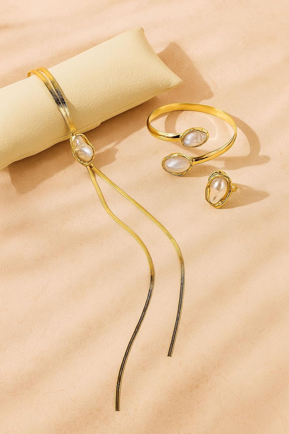 Baroque Pearl Jewelry Set for Women，3PCS Gold Long Herringbone Necklace Bracelet Ring Pearl Set Elegant Vintage Adjustable Trendy Jewelry Gift - Image 6