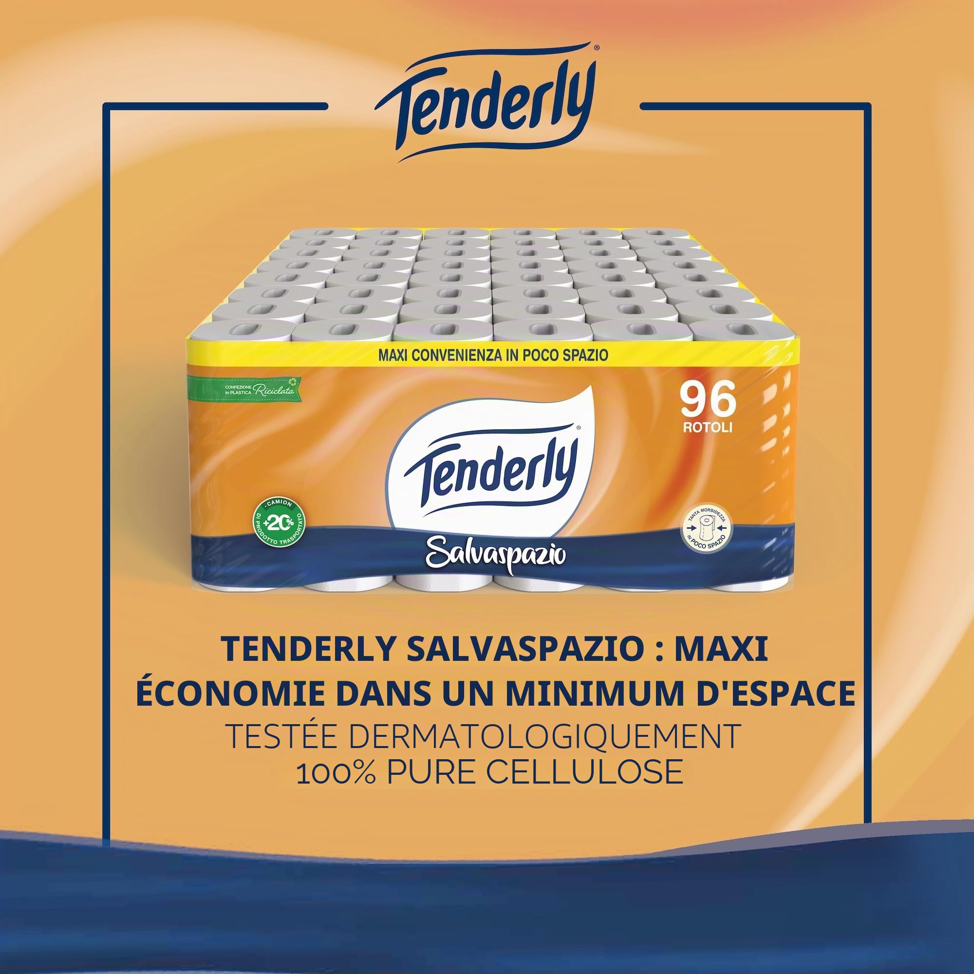 Tenderly Gain de place, 90 rouleaux de papier toilette, 2 voiles, 220 déchirures pour rouleau, avec extraits naturels de mauve et de calendula, fabriqué en Italie, testé dermatologiquement