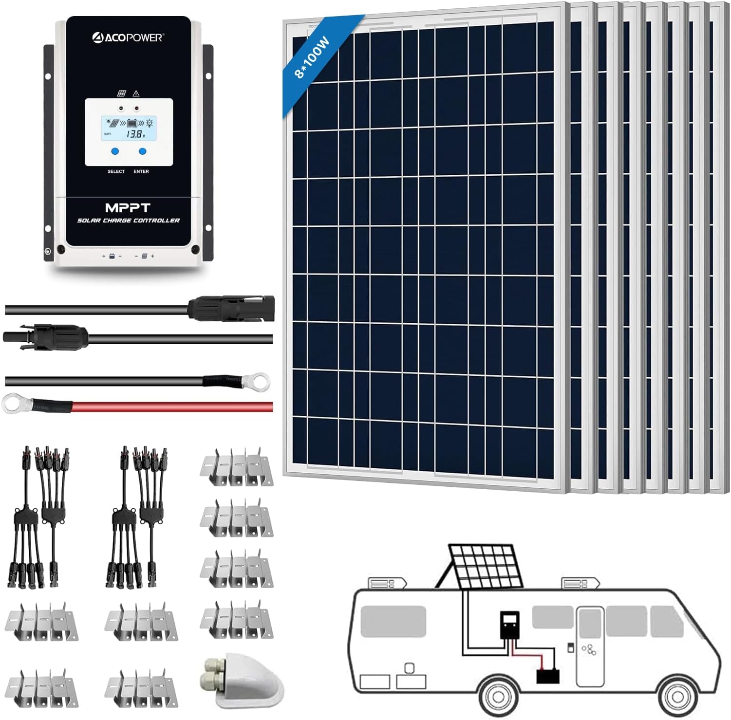 ACOPOWER Solar Panel Kit, 800W 12/24V Polycrystalline Off-Grid System for RV Home Marine with 8PCs 100W Rigid Solar Panels/60A MPPT Controller/Z-Brackets/Y Connectors/Solar Cables/Cable Entry Housing
