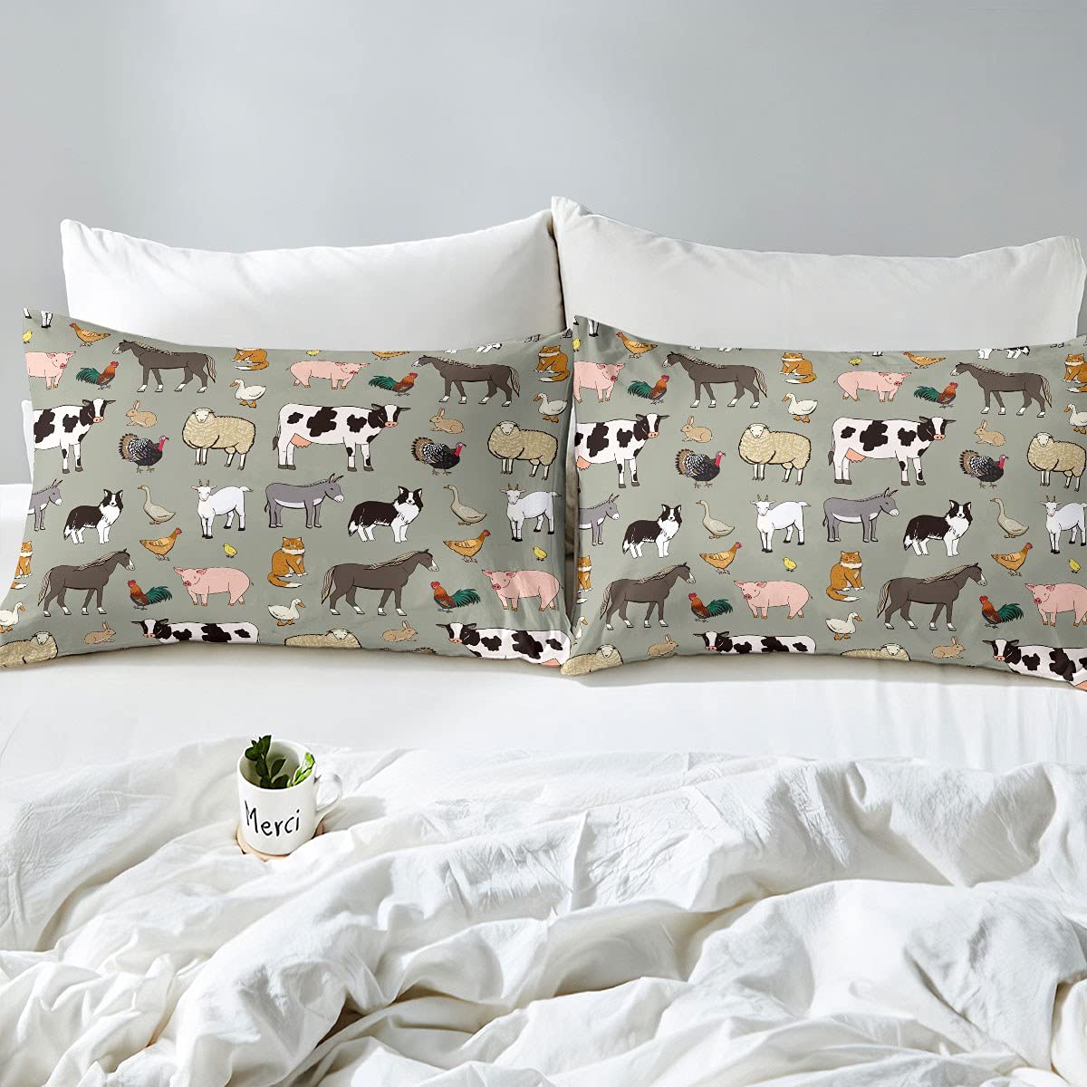 Homemissing Kuh Bettbezug Set Karikatur Katze Hund Pferd Bettwäsche Set 135x200cm für Kinder Jungen Mädchen Zimmer Bauernhof Tier Sammlung Dekor Betten Set Bauernhaus Stil 2St Reißverschluss