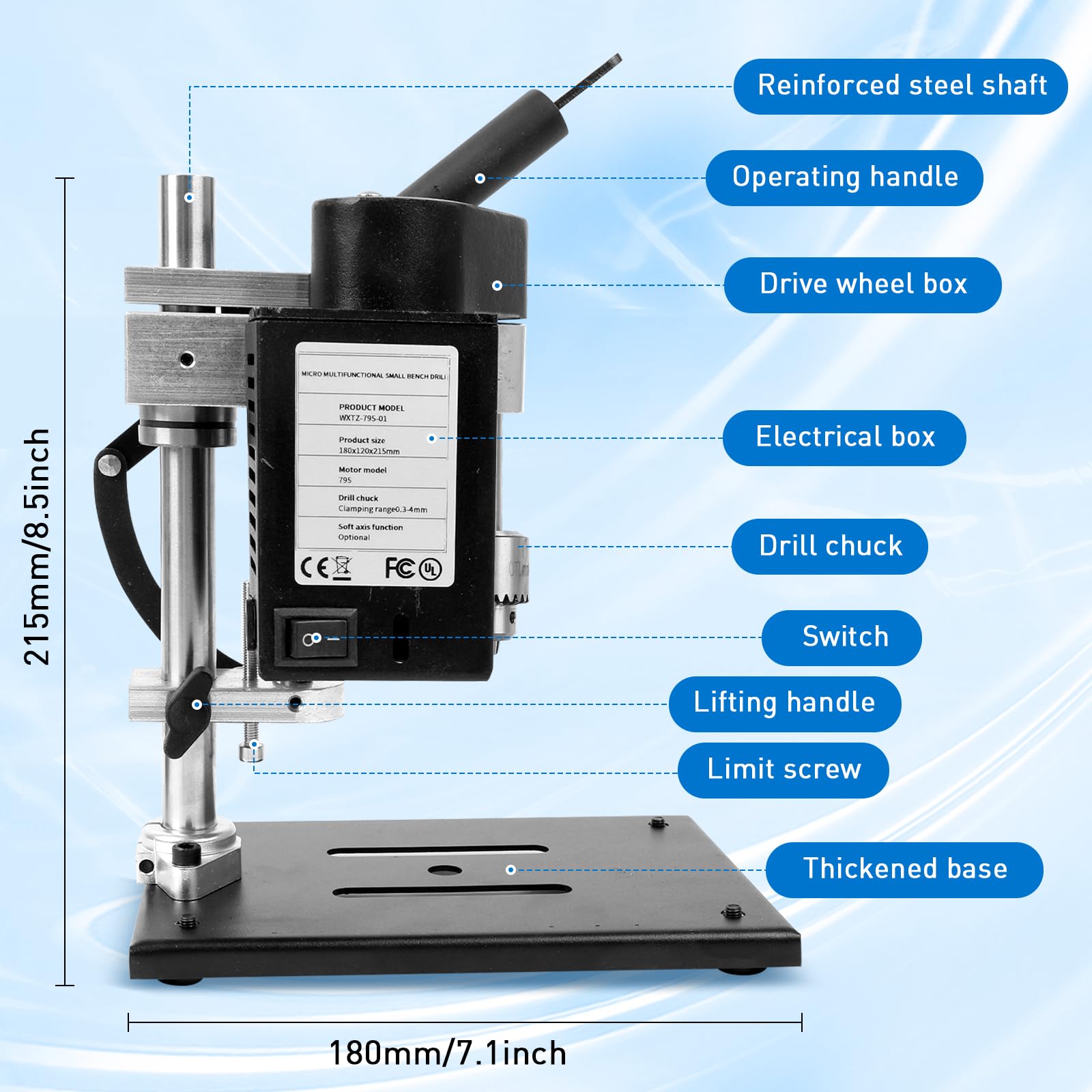 Mini Taladro de Columna, Taladro de banco de 200 W con 7 velocidades, carrera de perforación 50 mm, motor 795 y 0,3-4 mm portabrocas, taladro de mesa de 10000 rpm con tornillo de banco, enchufe UE