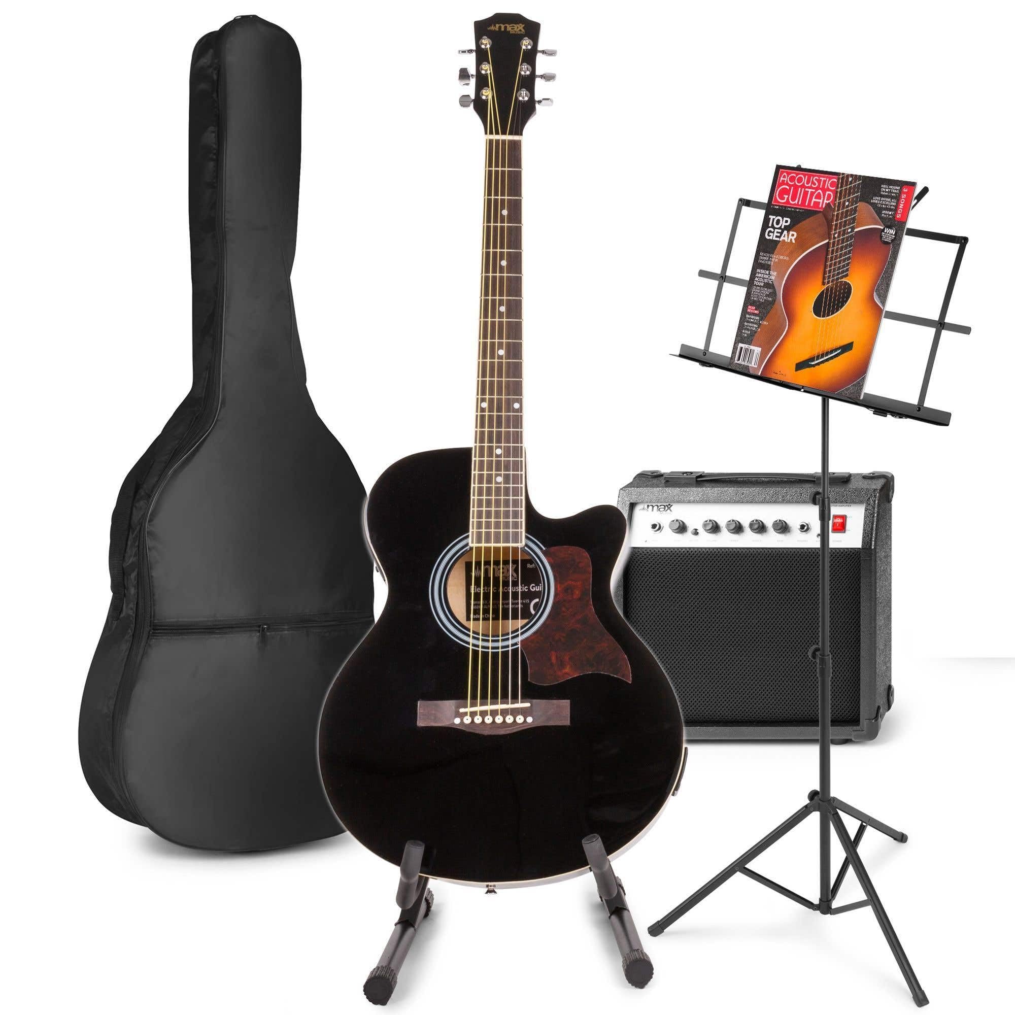 MAX ShowKit Elektrische Akustikgitarre, Akustische E-Gitarre Set - Gitarrenverstärker 40 Watt, Gitarrenständer, Notenständer und Gitarren-Stimmgerät - Schwarz