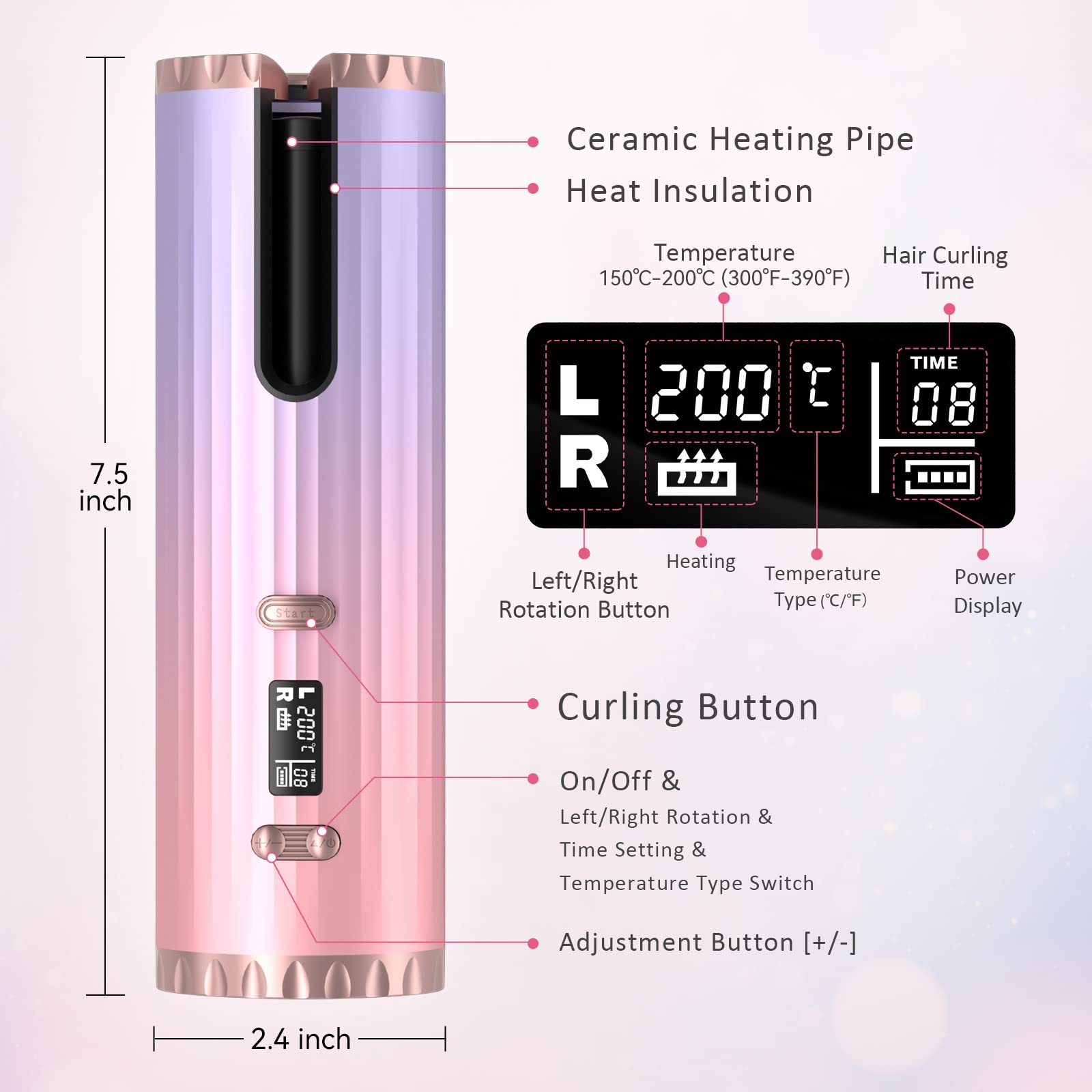 Fer à Friser Automatique, Boucleur a Cheveux Portables, Fer à Boucler Sans Fil Bigoudi Anti-Brûlures, 6 Minuterie/Température, USB Rechargeable, Affichage de LCD (Coloré)