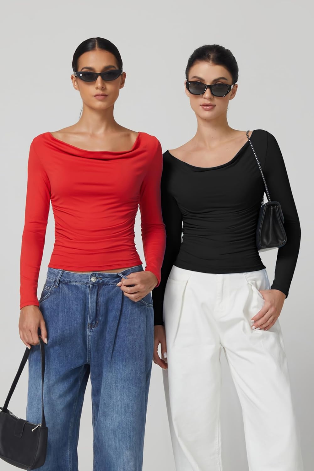 QINSEN Women Cowl Neck Long Sleeve T Shirts Double Lined Tight Fitted Crop Top - Image 3