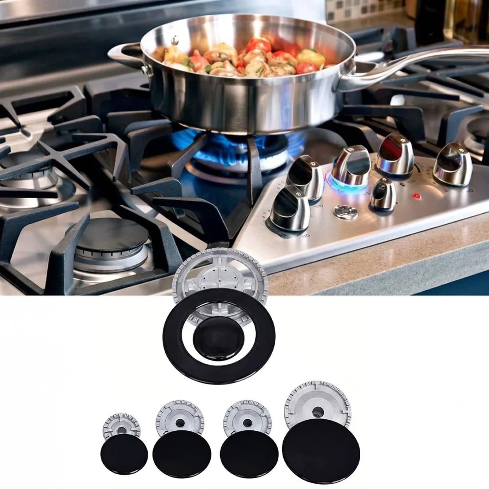 Set di 5 coperture per piano cottura a gas, set di cappucci per bruciatore, kit coperchio con tappo a fiamma, 55 mm, 75 mm, 100 mm, 130 mm, compatibile con fornelli a gas SABAF 12334