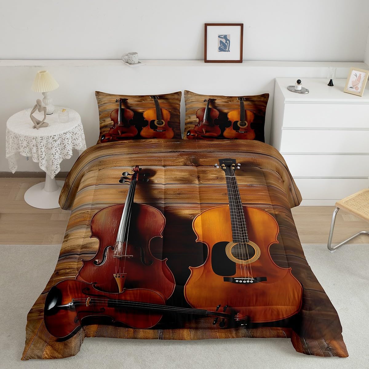 Erosebridal Guitar Bedding Set Full Size Retro Cello Violin Duvet Quilt Sets Jazz Music Comforter Set Rustic Rock Musical Instrument Comforter for Kids Boys Girls Teens Retro Bedroom Decor 3 Pcs image 2