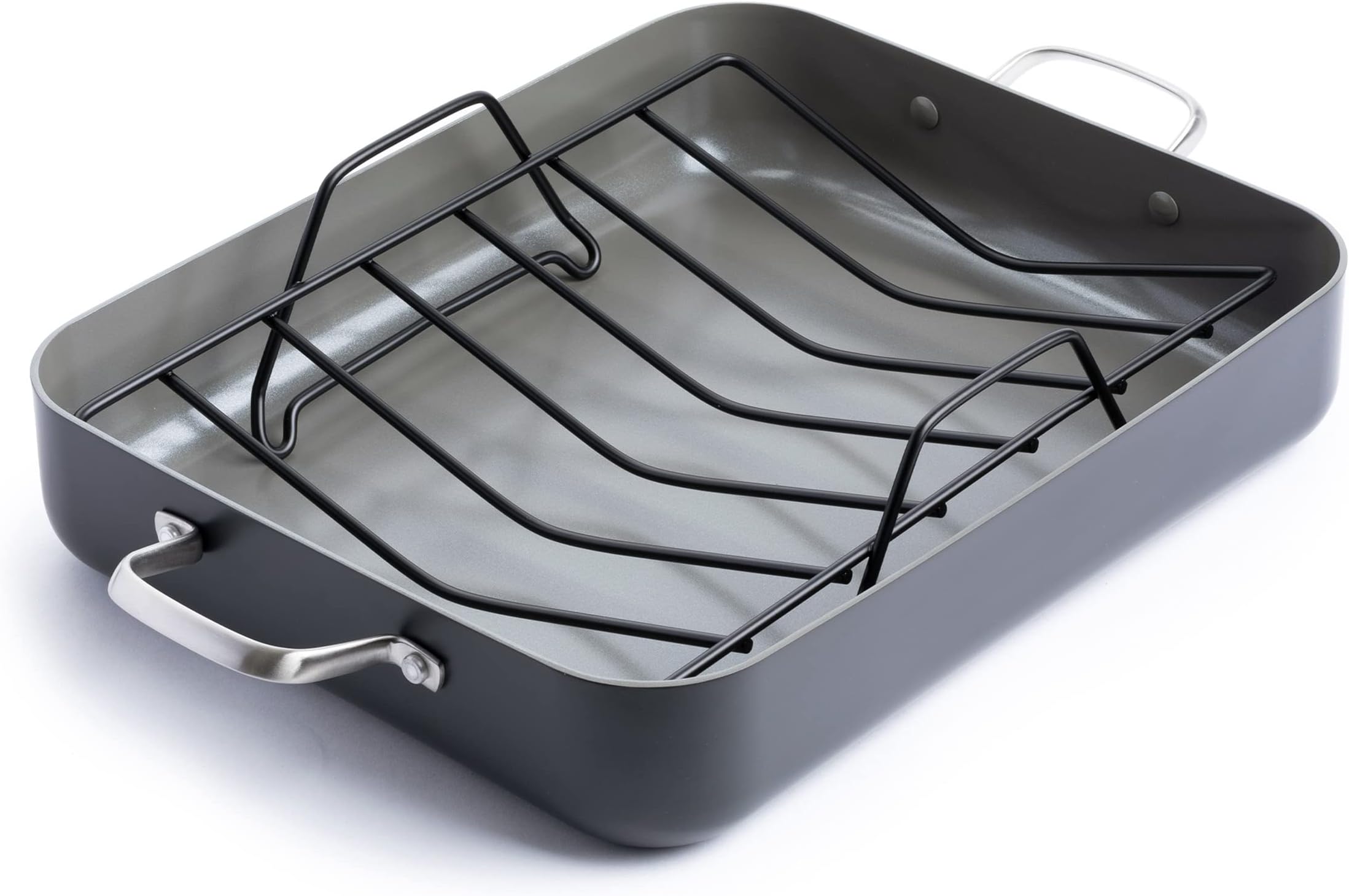 GreenPan Chatham Hard Anodized Healthy Ceramic Nonstick, 16" x 13" Roasting Pan with Roaster Rack, PFAS-Free, Dishwasher Safe, Oven Safe, Gray