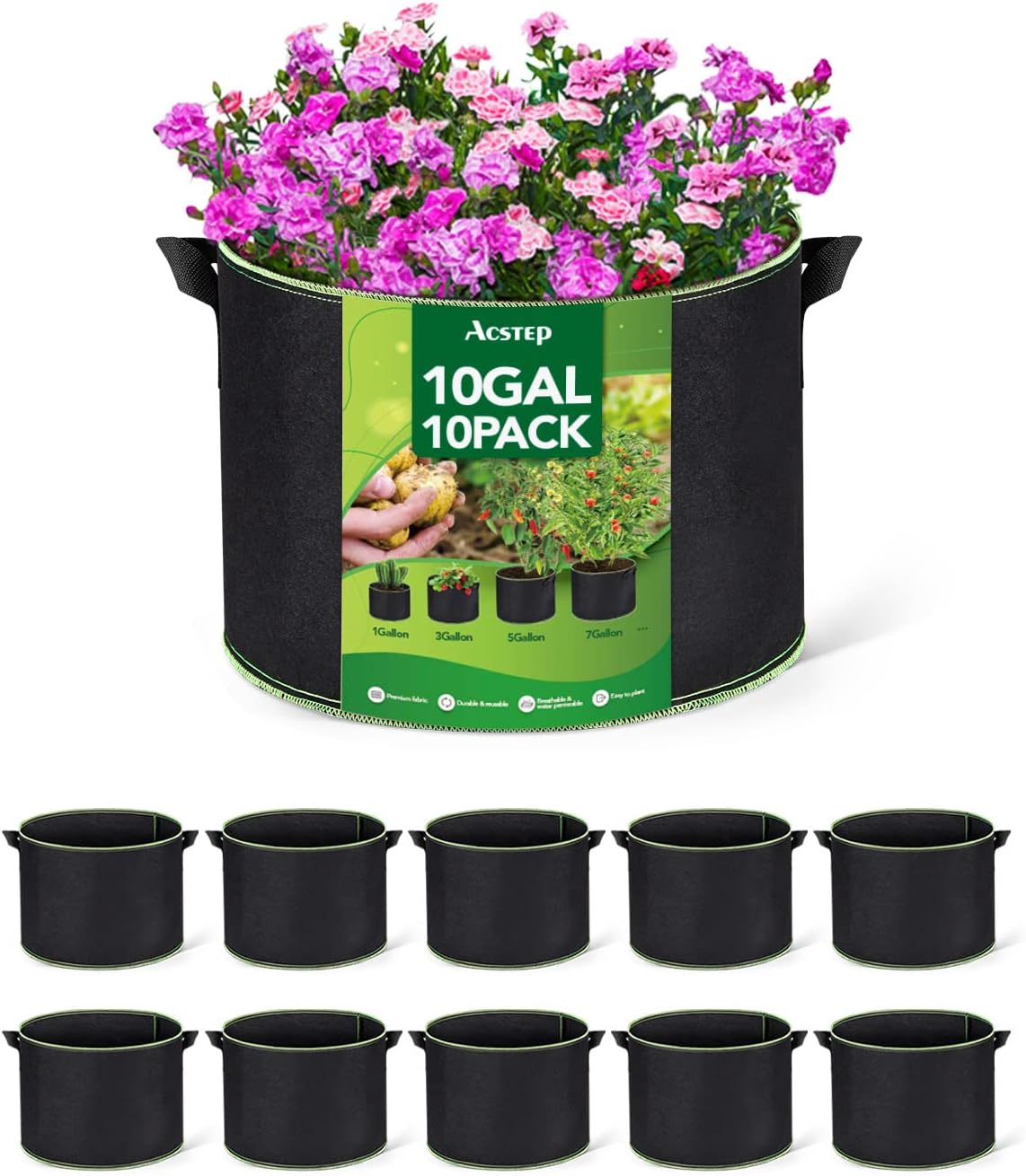 ACSTEP Grow Bags 10 Pack 10 Gallon Heavy Duty Aeration Fabric Pots Thickened Nonwoven Fabric Pots Plant Grow Bags with Handles
