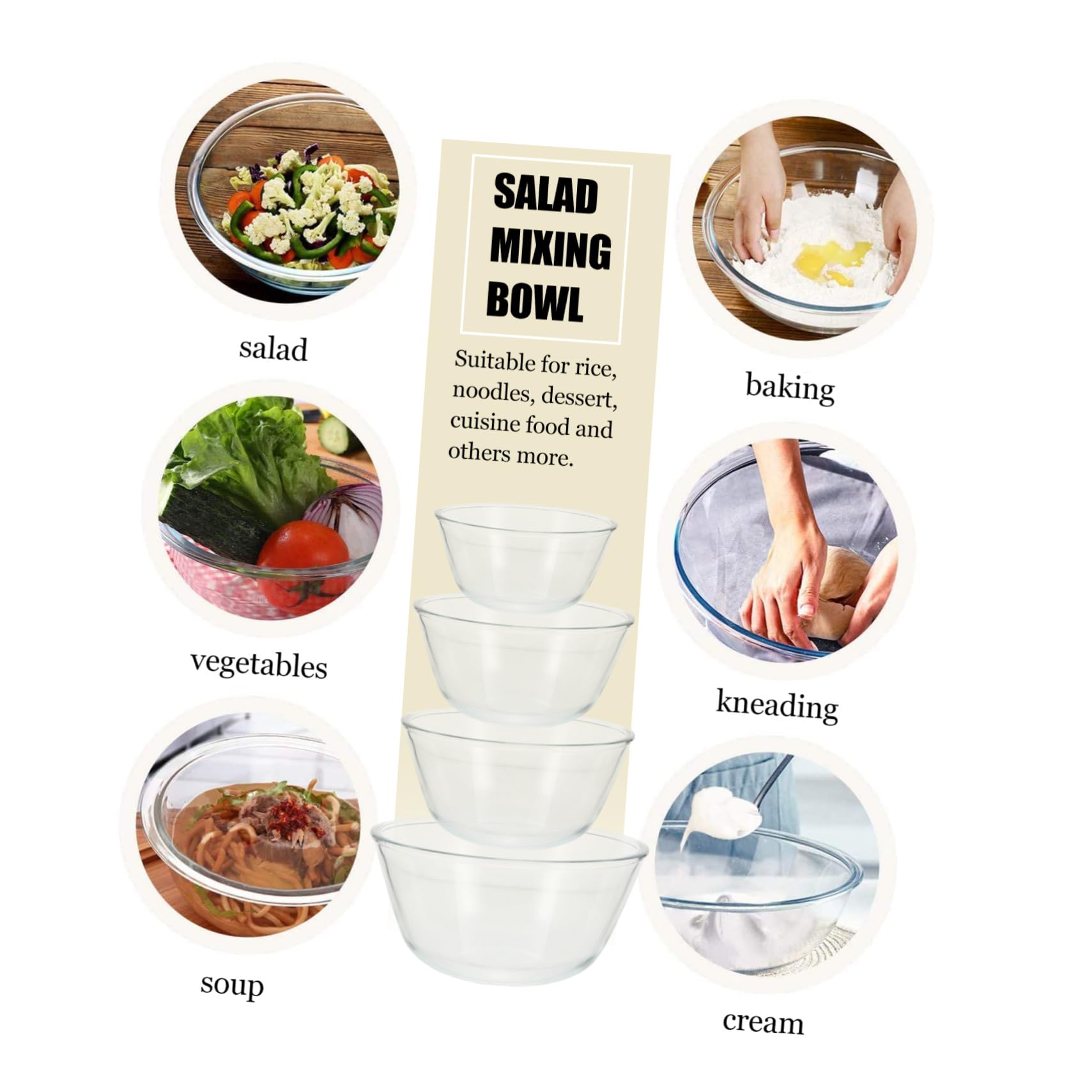 VALICLUD Transparente Salatschüsseln aus Hitze und Kältebeständigem Glas Glas Schüssel 4 Stück Verschiedene Größen bis 1600ml für Küche und Esszimmer
