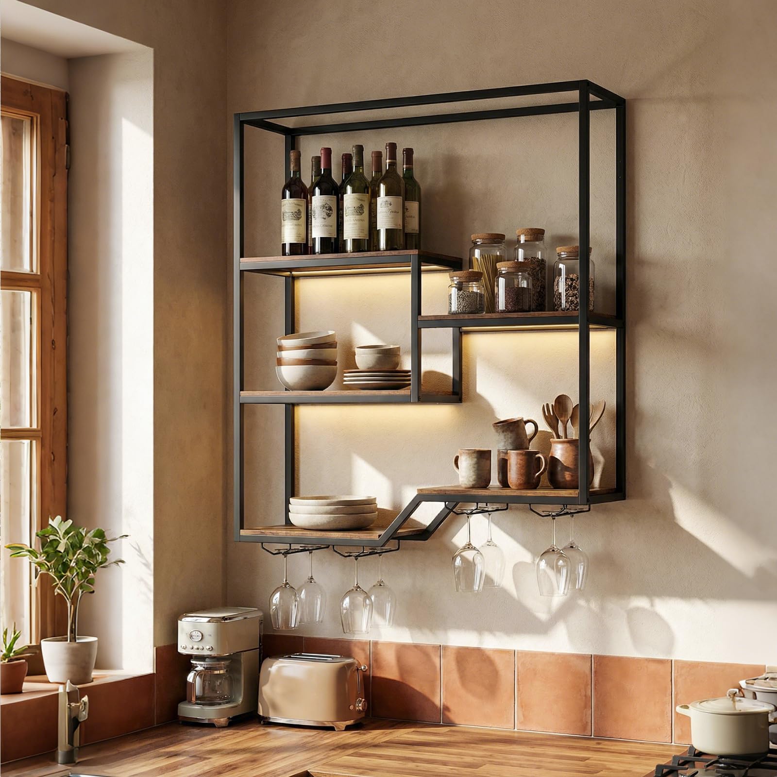 COSTWAY 102 cm Estante de Pared para Vinos, Botellero Colgante de 6 Niveles con Estante para Botellas y Soporte para Copas, Estructura Metálica, Soporte Flotante para Exhibición de Vino, Bar, Comedor