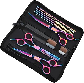 Conjunto de Tesouras para Cuidados Com Cães, Conjunto de Tesouras para Cuidados Com Cães Portáteis 7 Em 1 Aperto Profissional Confortável para Animais de Estimação de Cabelo Comprido para Cães