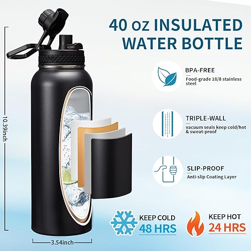 Miniatura 2 de Botella de agua con pajilla, botellas de agua de acero inoxidable de 40 onzas, botella de agua grande aislada al vacío con mango de paracaídas, tapa