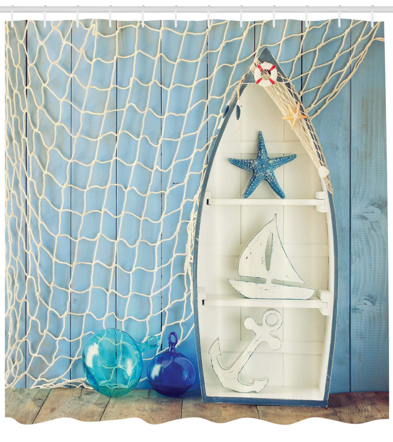 ABAKUHAUS Nautical Shower Curtain, Sea Objects on Wooden Backdrop Vintage Boat Starfish Shell Fishing Net Photo - Image 2